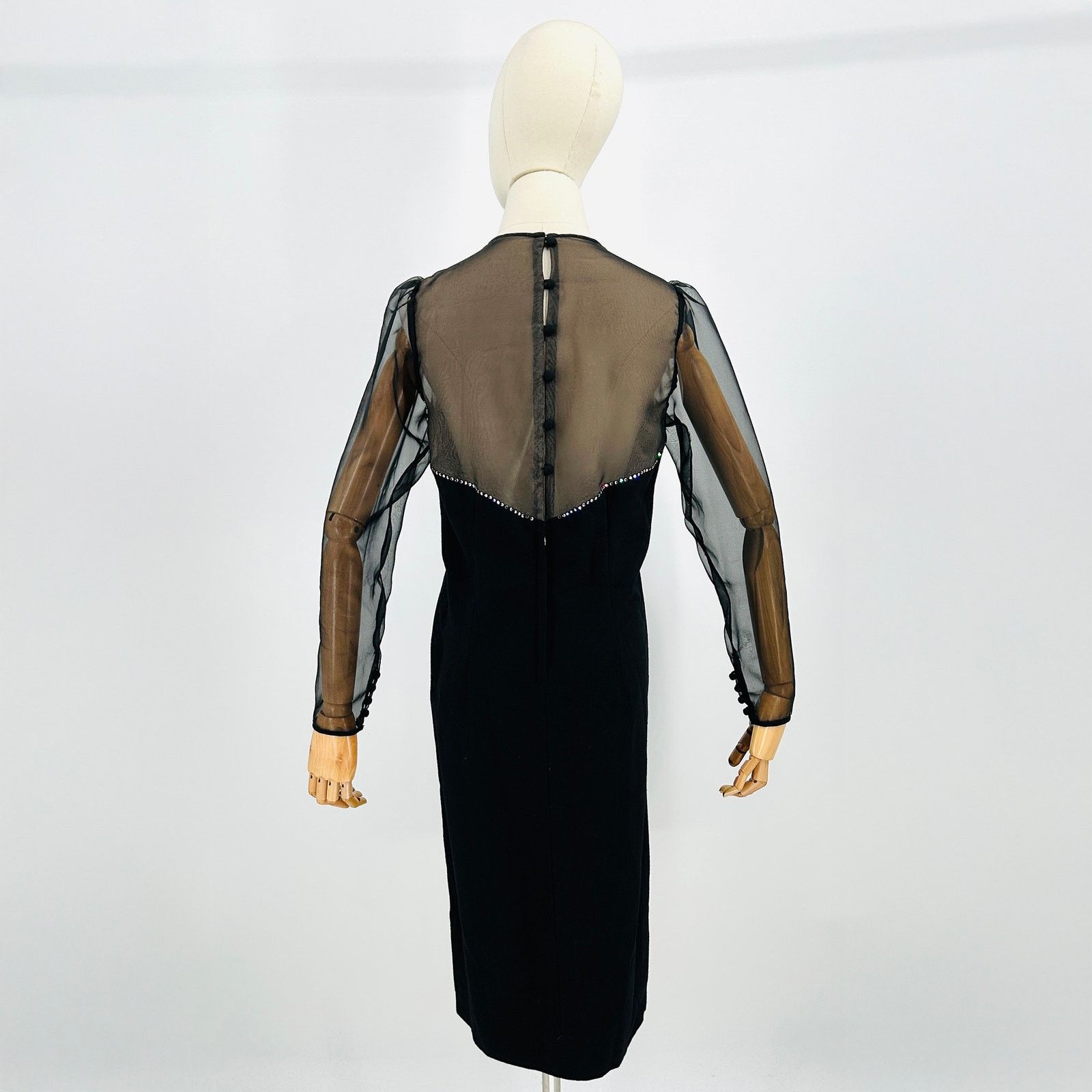 Vintage 70s Joan Leslie Black Rhinestone Sheer Sleeve Cocktail Dress Size L / US 10 / IT 46 - 6 Thumbnail