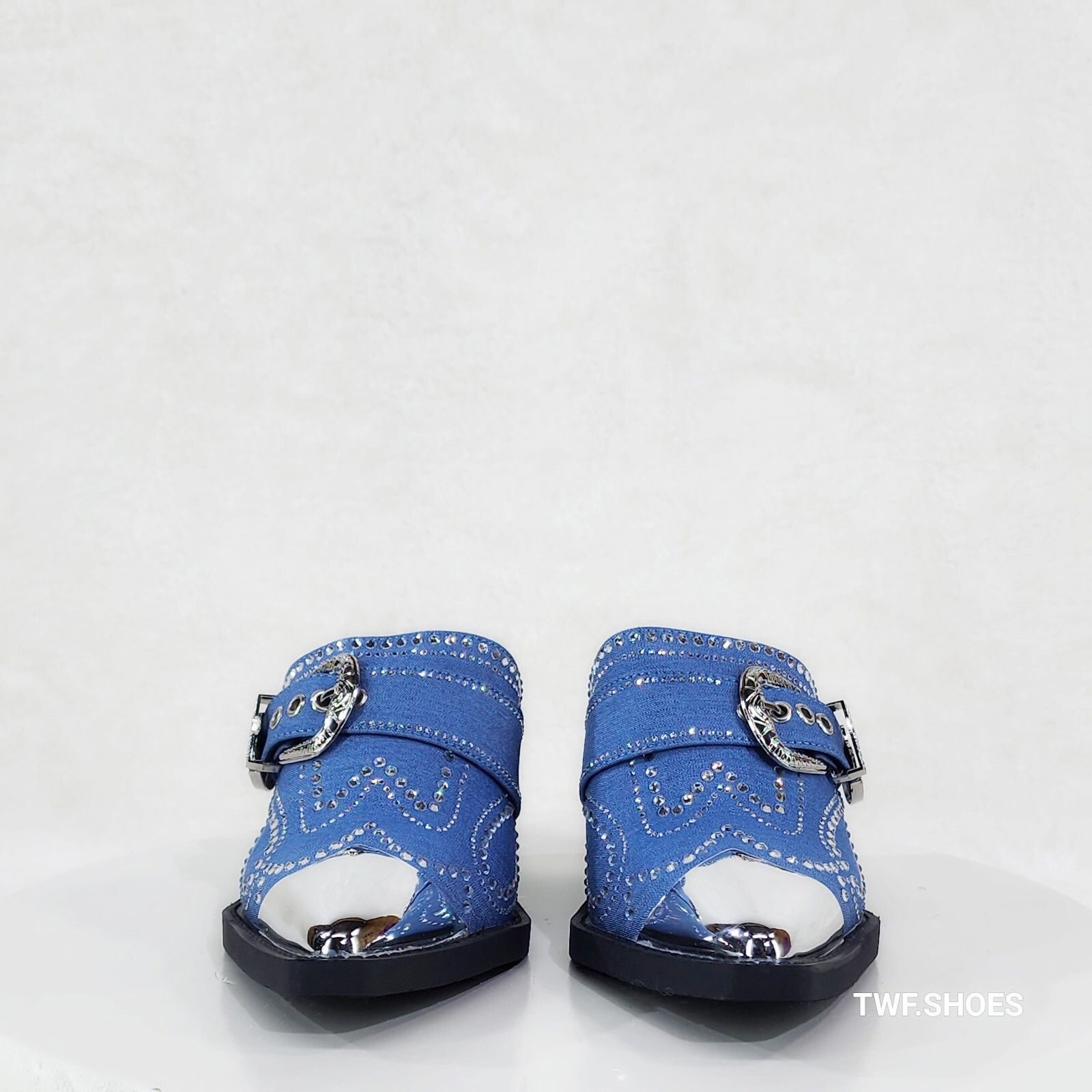 Other Vive Western Slip On Mules Blue Denim Rhinestones Metal Toe Size US 8 / IT 38 - 7 Thumbnail