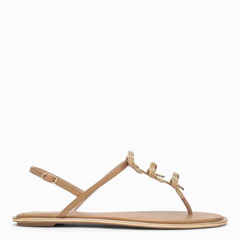 image of Rene Caovilla Golden Leather Sandal With Bows in Metal, Women's (Size 6)