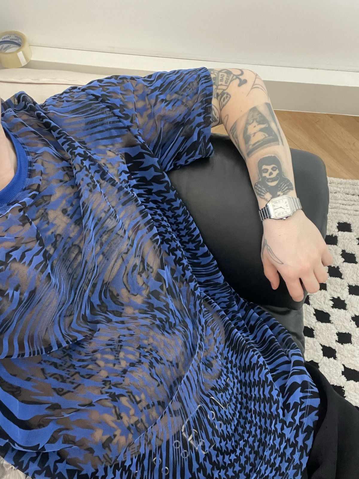 Thierry Mugler H&M x Mugler Mesh Transparent Avant Garde Tee Stars Blue Size US M / EU 48-50 / 2 - 4 Thumbnail