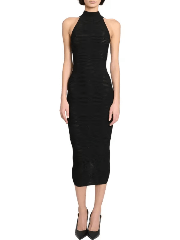 Balmain o1s1wg110725 Diamond Textured Knit Midi Dress in Black Size L / US 10 / IT 46 - 2 Thumbnail