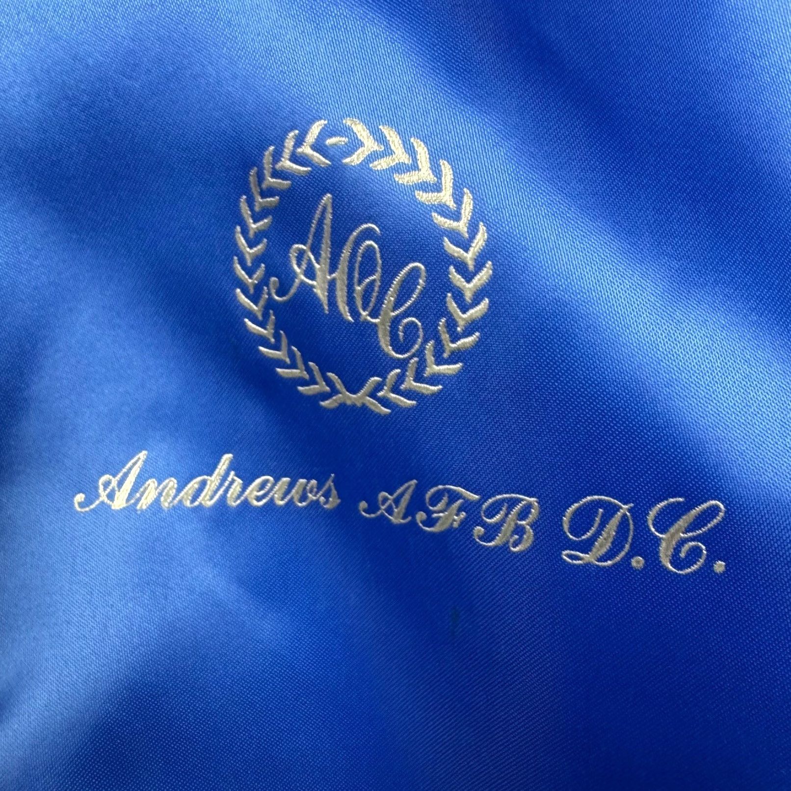 Holloway VINTAGE Air Force Base Holloway Satin Bomber Jacket Blue Large Navy Embroidered Logo, Staff, Quilted Lining, Air Force One, Nylon, Solid, Men Size US L / EU 52-54 / 3 - 3 Thumbnail