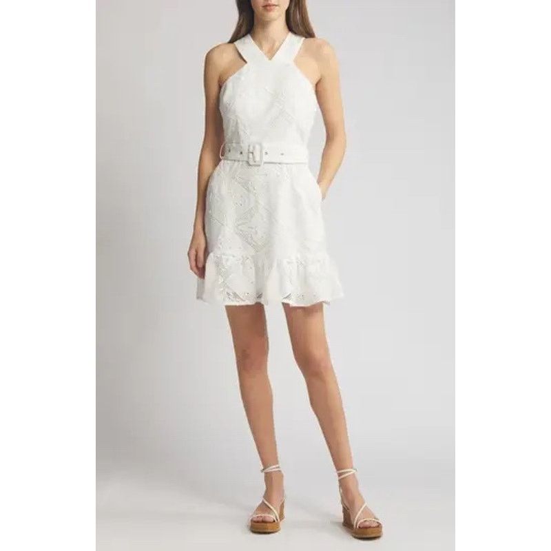 Anthropologie Ciebon Braylee White Eyelet Belted High Neck Dress SZ S Size S / US 4 / IT 40 - 1 Thumbnail