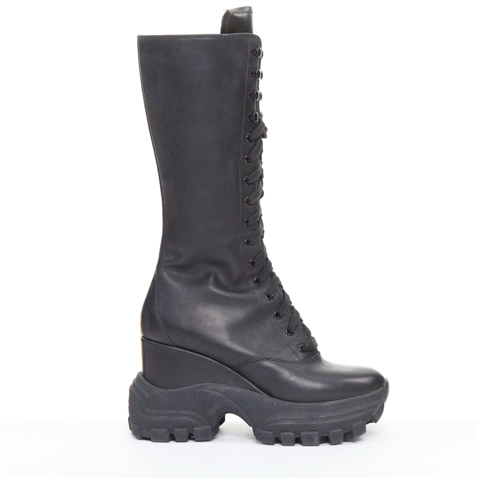 Miu Miu MIU MIU Runway black leather logo lace up chunky wedge tall boots EU39 Size US 9 / IT 39 - 1 Thumbnail