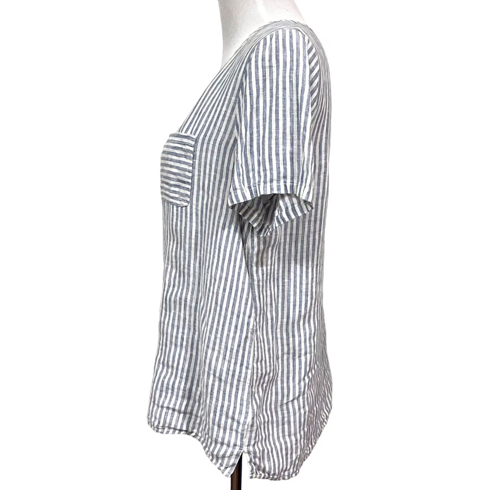 Christian Siriano Christian Siriano Blouse Shirt Womens M Blue Striped Linen Short Sleeve Pullover 100% Linen Size M / US 6-8 / IT 42-44 - 4 Thumbnail