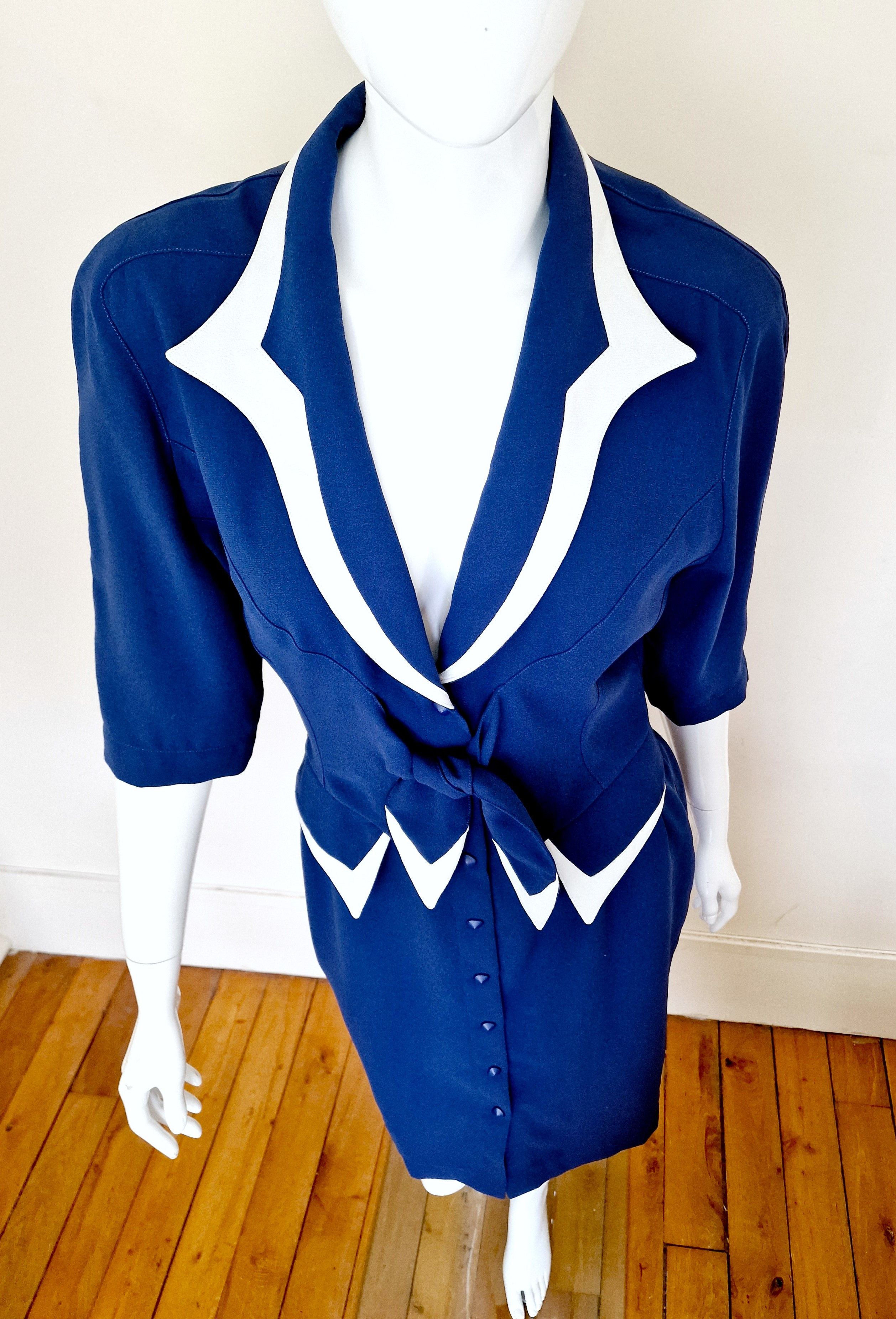 Thierry Mugler Thierry Mugler Navy Blue Crepe Bow Stripe Vintage Dress Size M / US 6-8 / IT 42-44 - 8 Thumbnail