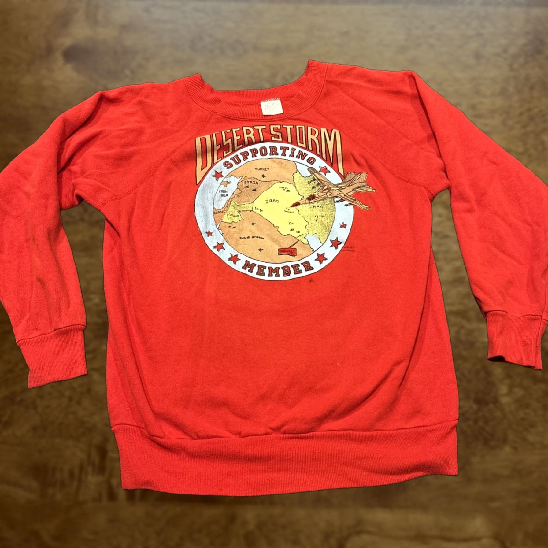 Vintage VTG 90s DESERT STORM RED SWEATSHIRT USA Military Persian Gulf Crew Neck Unisex Adults L Cotton Blend Vintage Yes Pannill Graphic Print Size US L / EU 52-54 / 3 - 1 Thumbnail