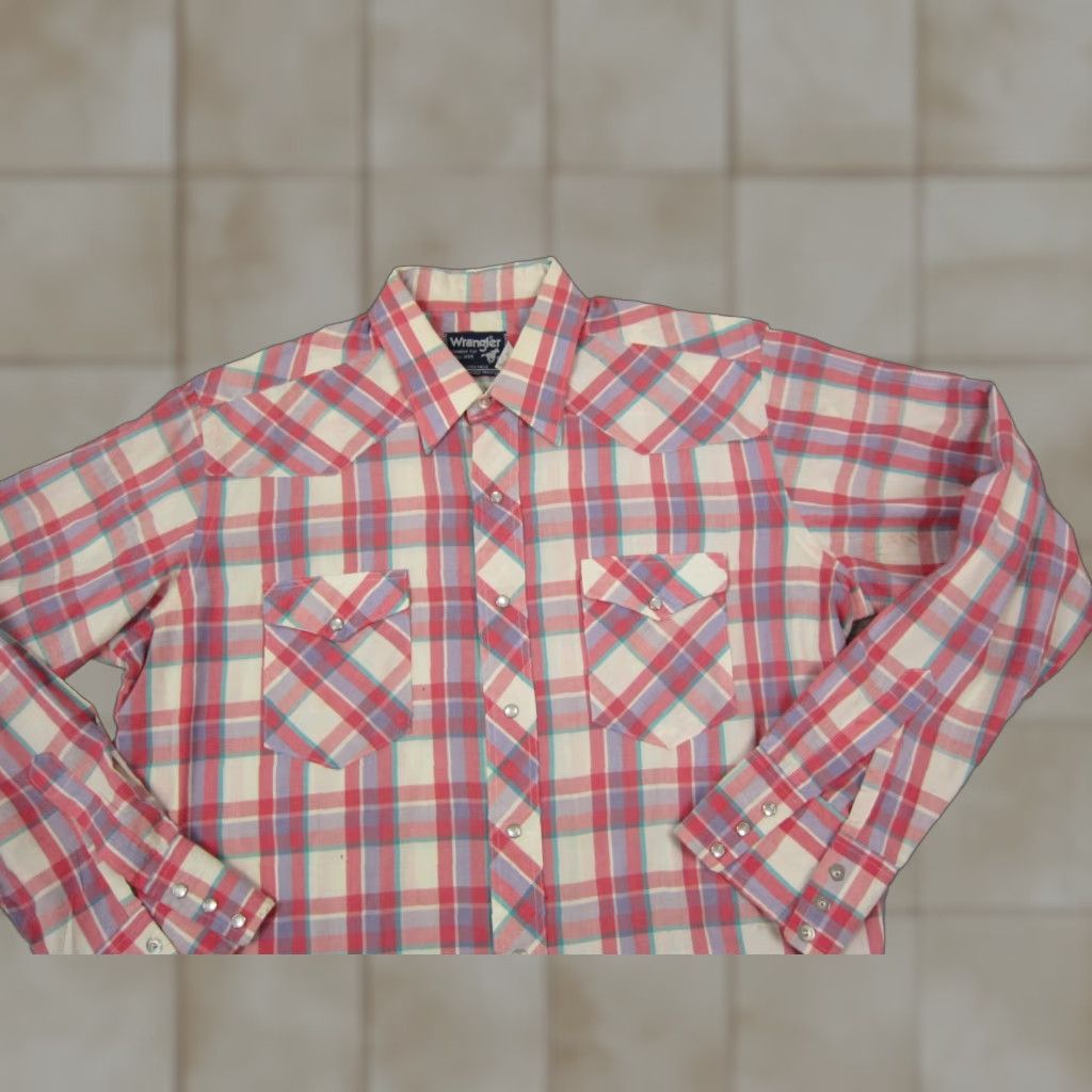 Wrangler Vintage Wrangler Shirt Mens 17 Pink Plaid 80s USA Made Button-Up Cotton Canvas Long Sleeve Western Casual Size US XL / EU 56 / 4 - 1 Thumbnail