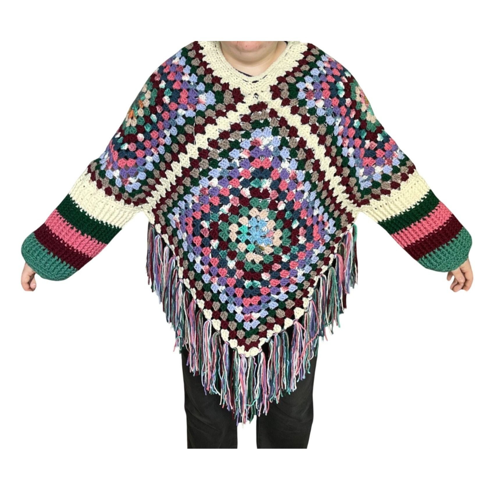 Handmade Crochet Poncho with Sleeves Granny Square Design Pattern Col Size ONE SIZE - 1 Thumbnail