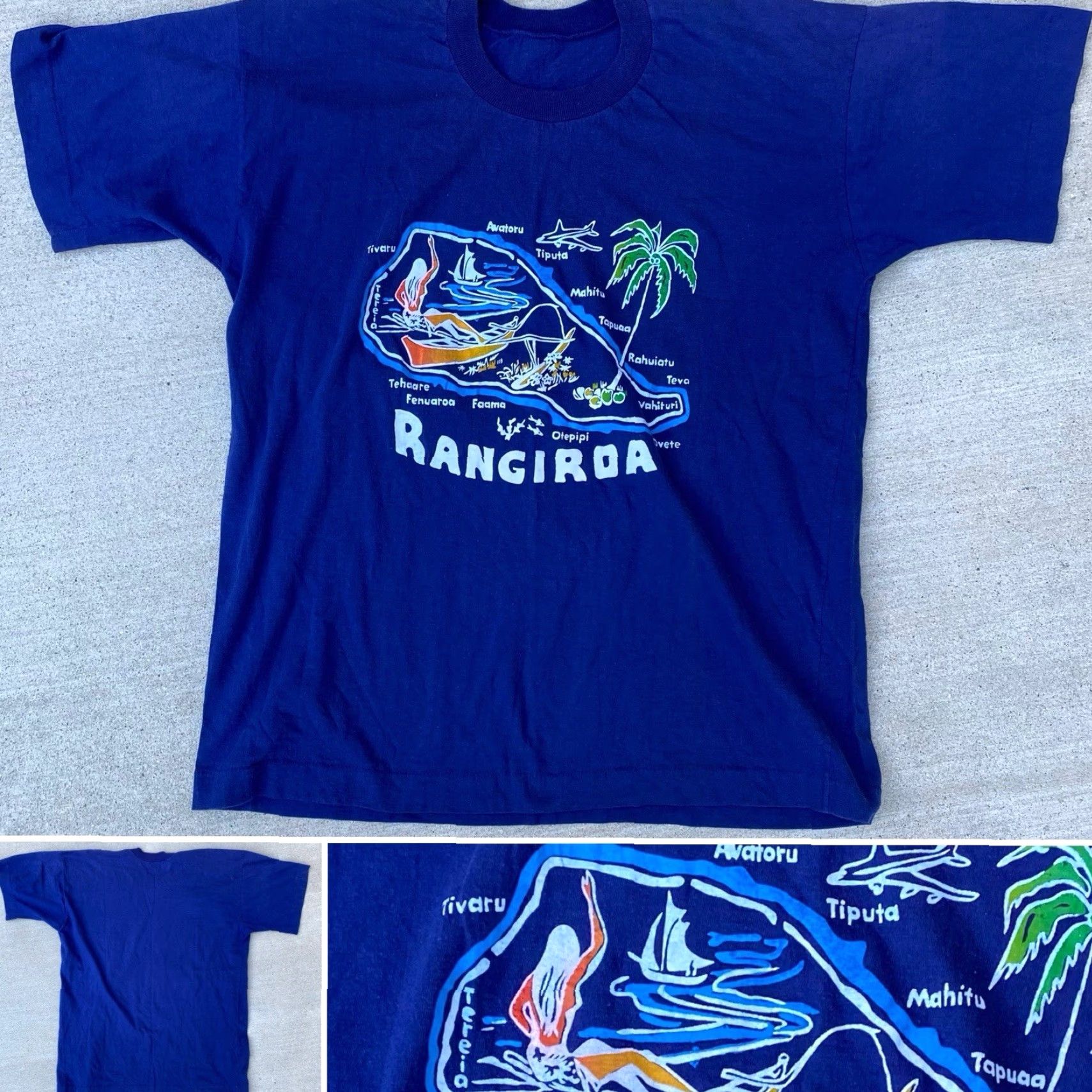 ALOHAS VINTAGE Rangiroa French Polynesia Map T Shirt Blue Island Graphic Tee Tiki Aloha Mens M Graphic Print 80s Tropical Size US M / EU 48-50 / 2 - 2 Thumbnail