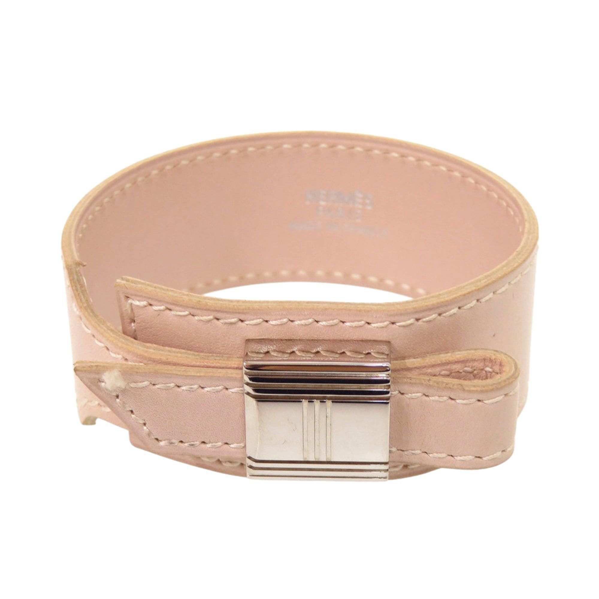 Hermes Excellent condition Hermes Almitemis leather and metal bracelet in pink beige with silver hardware, stamped "F". (0528HERMES) Size ONE SIZE - 1 Thumbnail