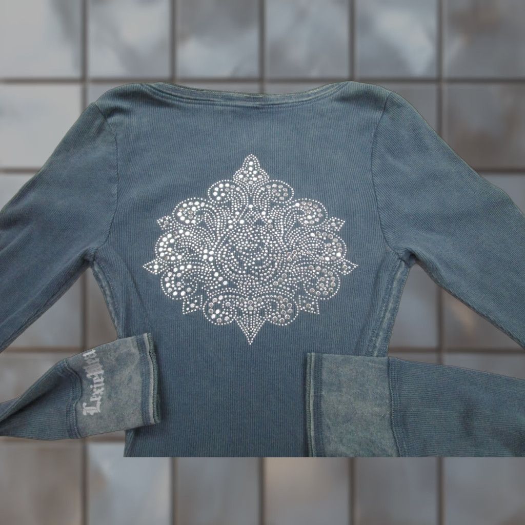 Vintage Y2k Thermal Shirt Womens M Blue Ribbed Fitted Long Sleeve Rhinestone Bella Fairy T-Shirt Slim 100% Cotton V-Neck Womens Size M / US 6-8 / IT 42-44 - 1 Thumbnail