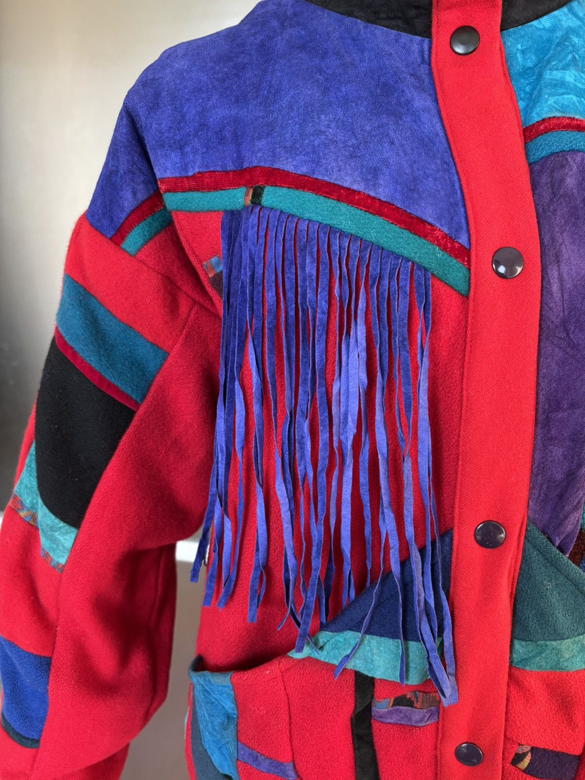 Designer × Vintage Santa Fe Re-creations 90s Suede Patchwork Fringe Jacket Size M / US 6-8 / IT 42-44 - 3 Thumbnail