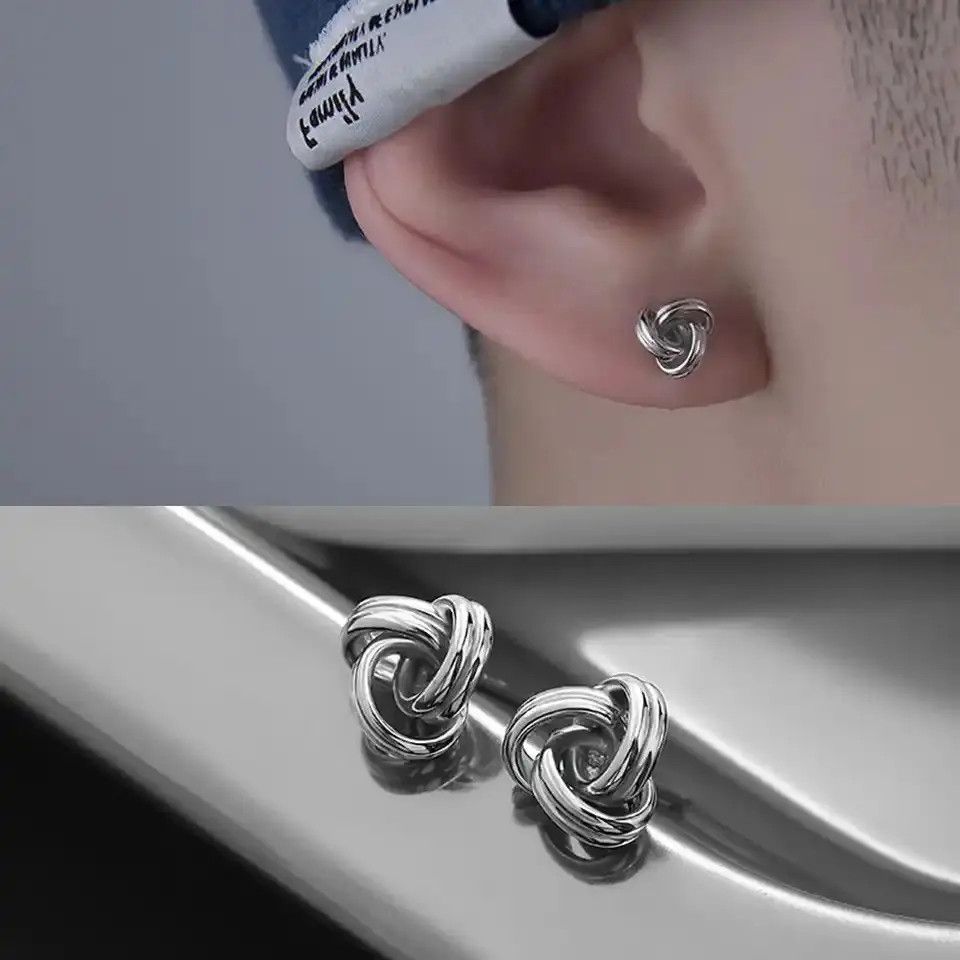 Jewelry x Vintage Charm Punk Earrings For Men Three Ring Twisted Knot Stud in Silver