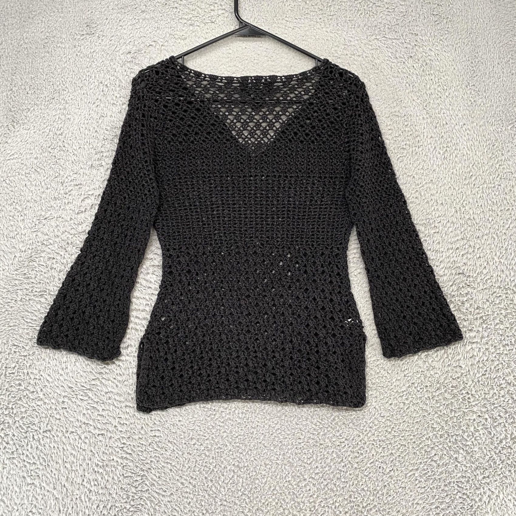 Express Express Y2K Handknit Sweater Womens Small Black Crochet V Neck Tassel Open Knit Size S / US 4 / IT 40 - 7 Thumbnail