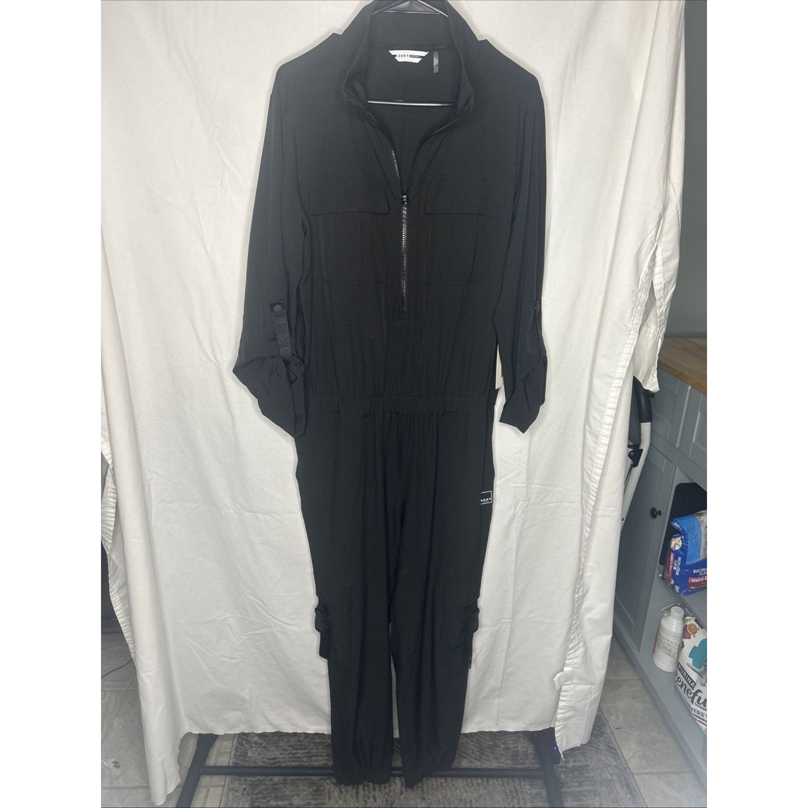 DKNY DKNY Black Utility Cargo Jumpsuit Womans L Tab Sleeve Travel Size 29" - 16 Thumbnail