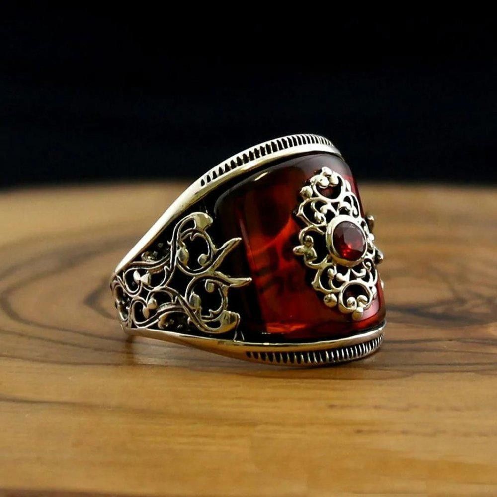 Designer Men's Handmade Red Agate Stone Silver Ring - Size 9 Size ONE SIZE - 4 Thumbnail
