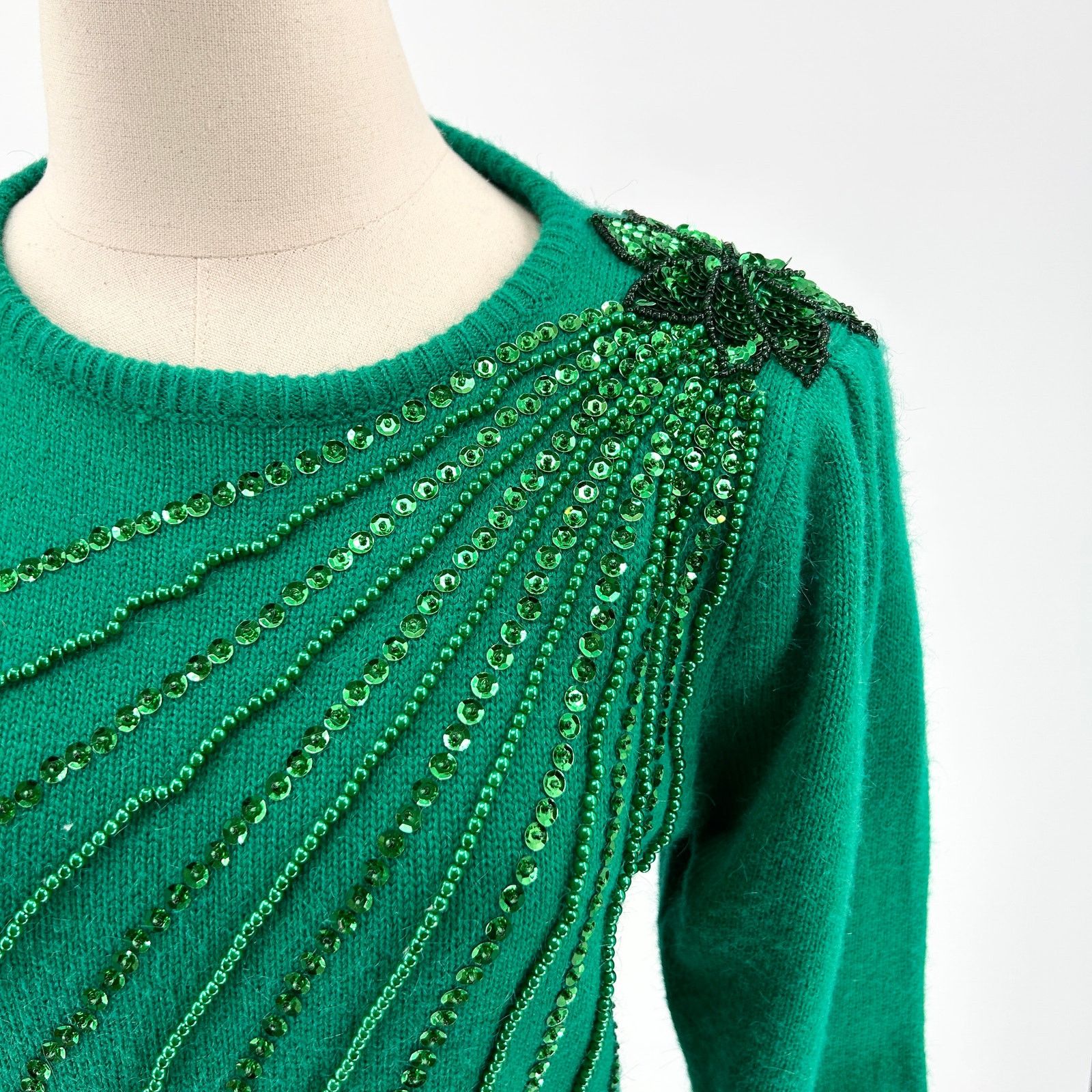 Vintage 80s Interim Green Sequin Shoulder Pad Knit Sweater Dress Size S / US 4 / IT 40 - 2 Thumbnail
