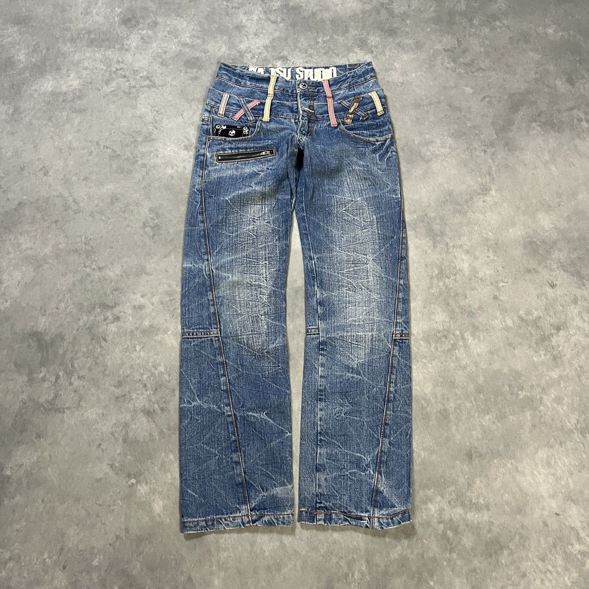 Japanese Brand BA-TSU STUDIO - JEANS MULTI BELT LOOP SKULL ART ARCHIVE Y2K Size US 27 - 2 Thumbnail