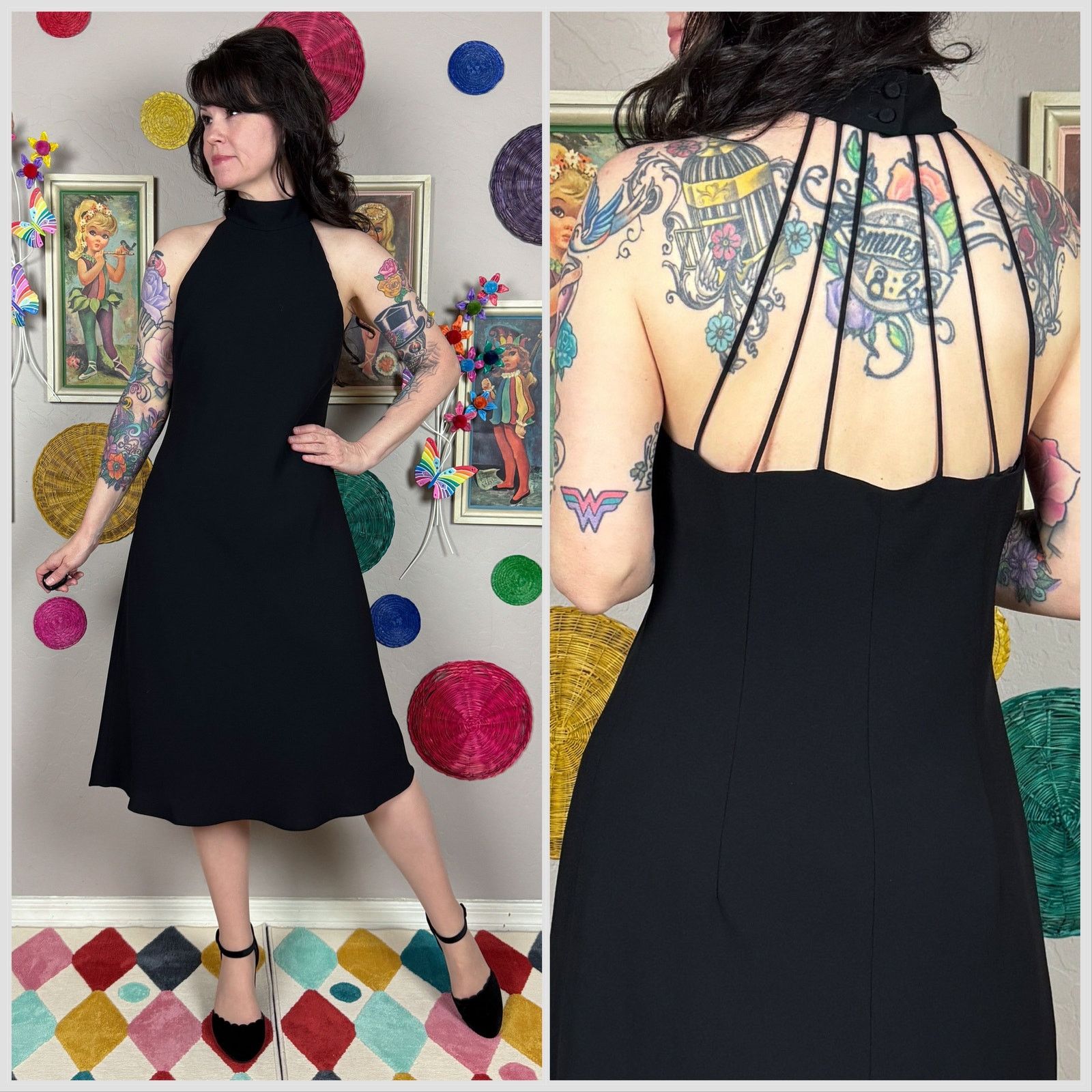 Vintage Vintage 90s Black Mock Neck Strappy Back Cocktail Dress Size M / US 6-8 / IT 42-44 - 1 Thumbnail