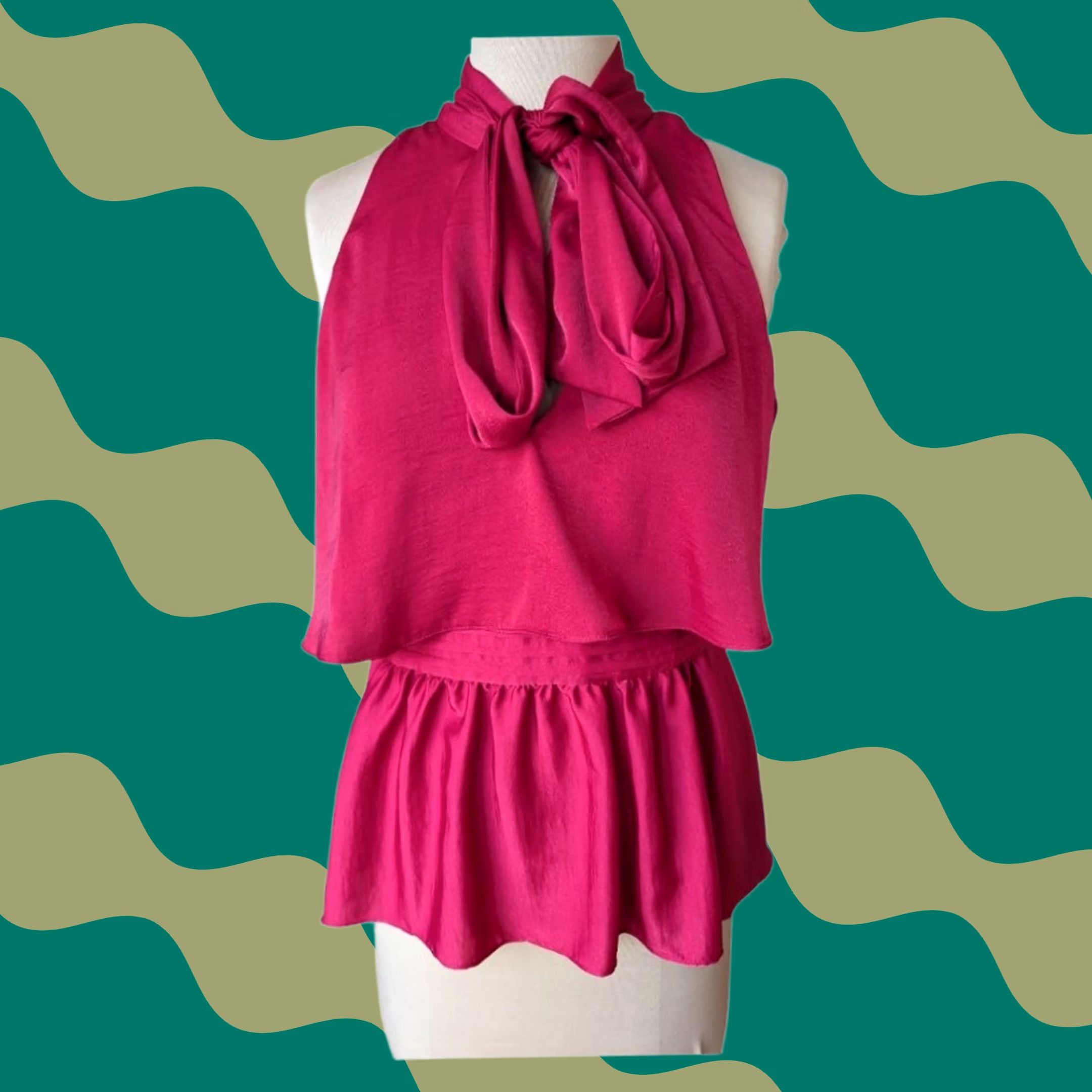Bcbgmaxazria BCBGMAXAZRIA Blouse Halter Sleeveless Satin Pink Peplum Bow Tie Neck Womens M Size M / US 6-8 / IT 42-44 - 1 Thumbnail