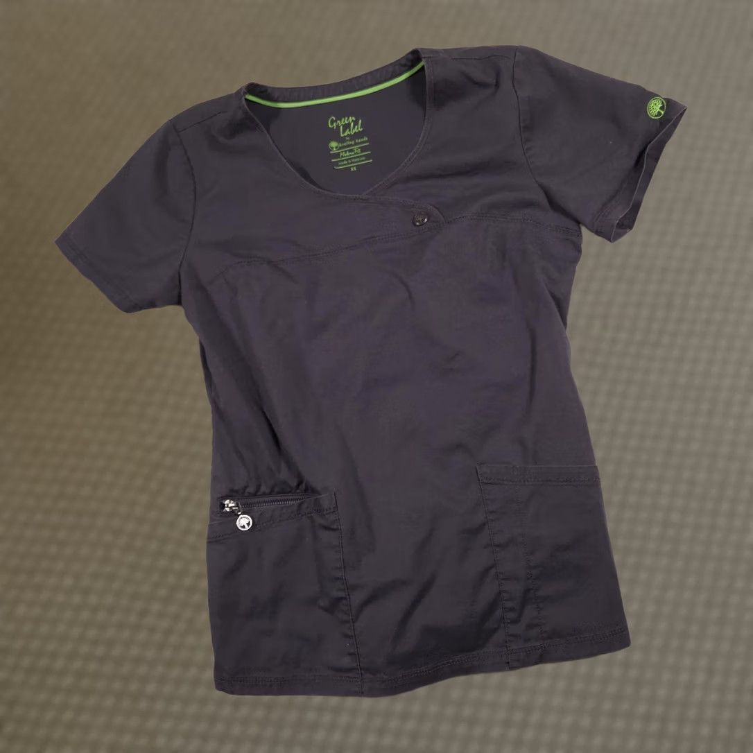 Vintage Healing Hands Green Label Scrub Top Womens XS Gray V Neck Pockets Nurse Medical Shirt Blouse Tunic Short Sleeve Slim Fit Size XS / US 0-2 / IT 36-38 - 1 Thumbnail