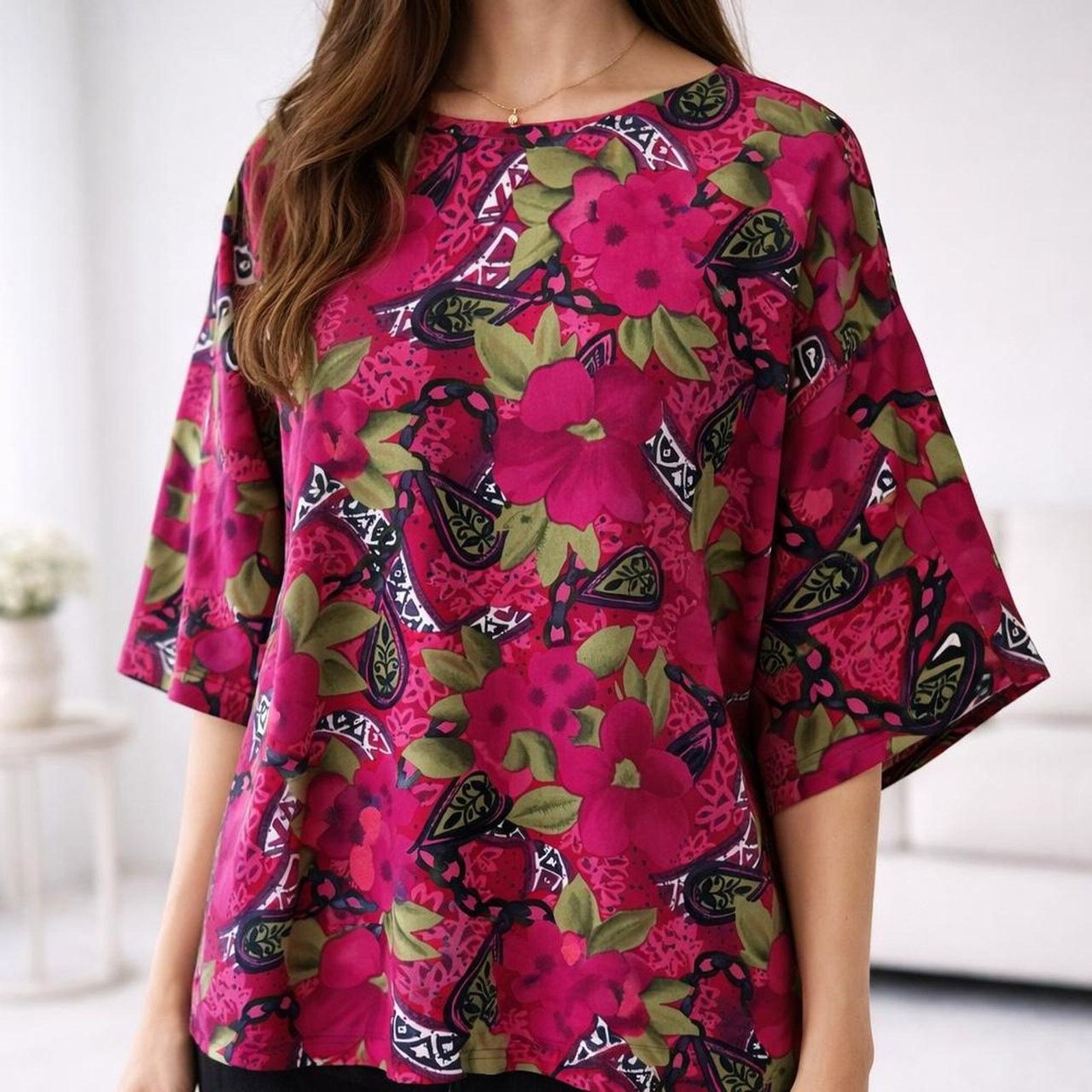 Other Hibiscus Handmade Top Grannycore Hot Pink Floral Top Resort Size L / US 10 / IT 46 - 2 Thumbnail