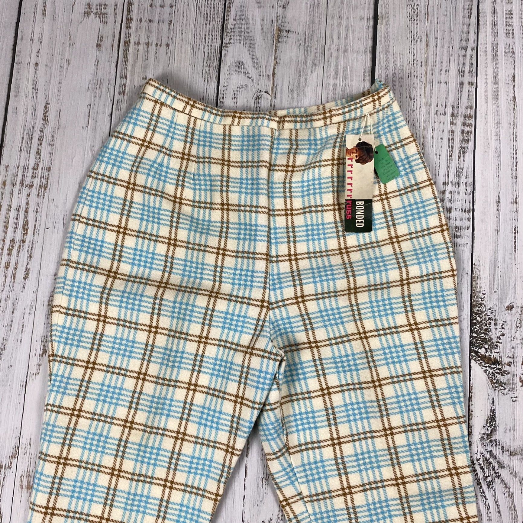 Vintage VINTAGE 1960s Russ Flannel Plaid High Waisted Pants Women's Medium Blue White Brown Clubwear Size 29" - 2 Thumbnail