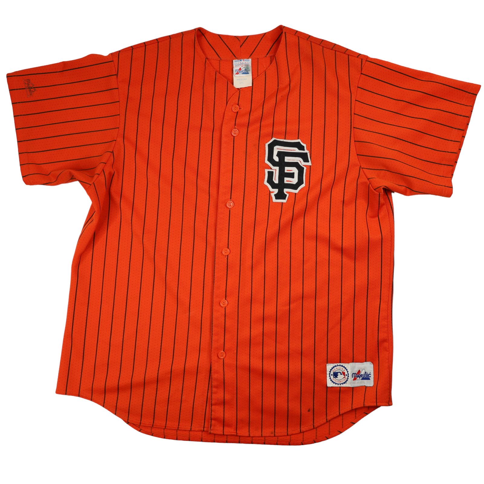 image of Vintage Majestic San Francisco Giants Pinstriped Jersey in Orange, Men's (Size 2XL)