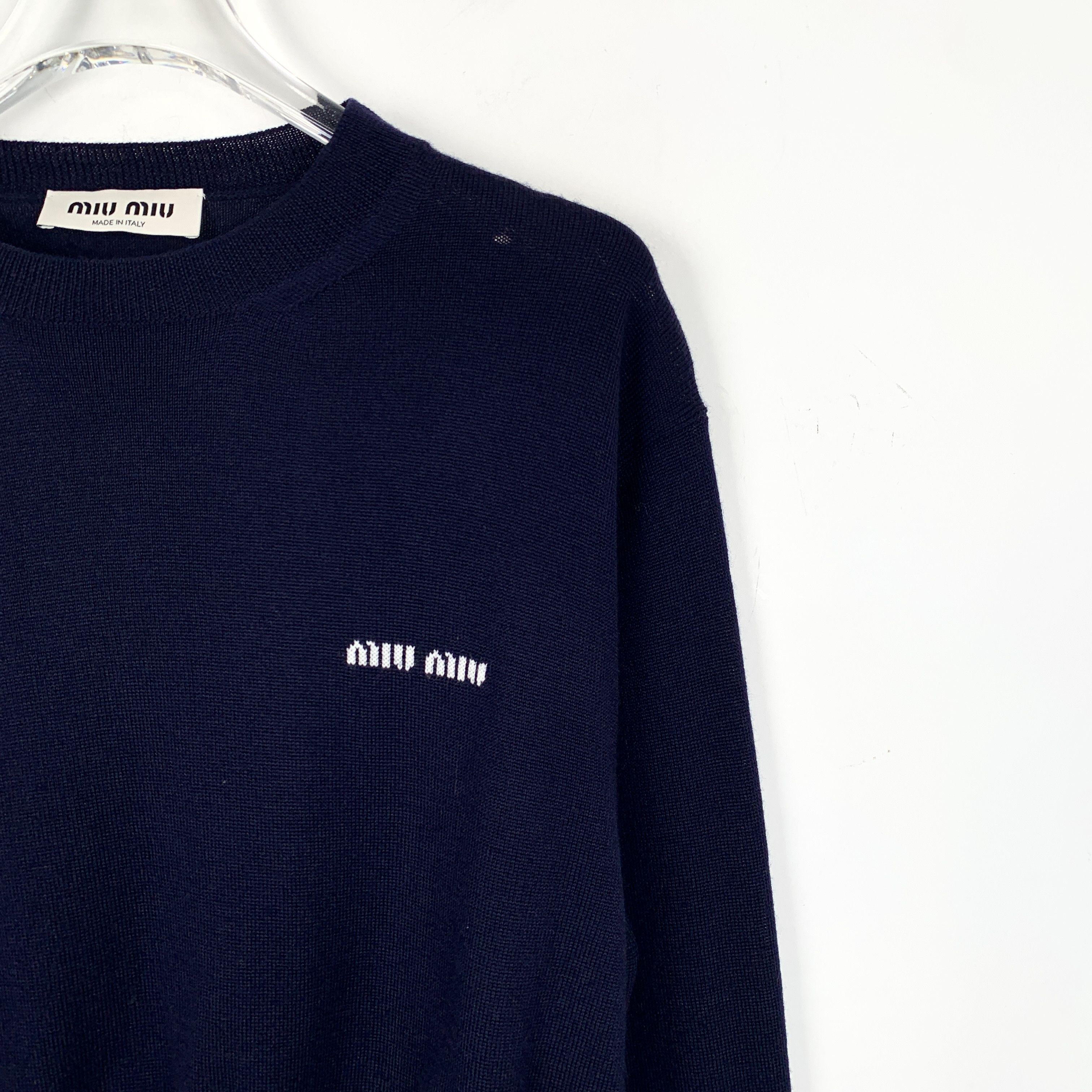 Miu Miu MiuMiu Navy Wool Logo Embroidered Knit Sweater (Size S) Size S / US 4 / IT 40 - 7 Thumbnail