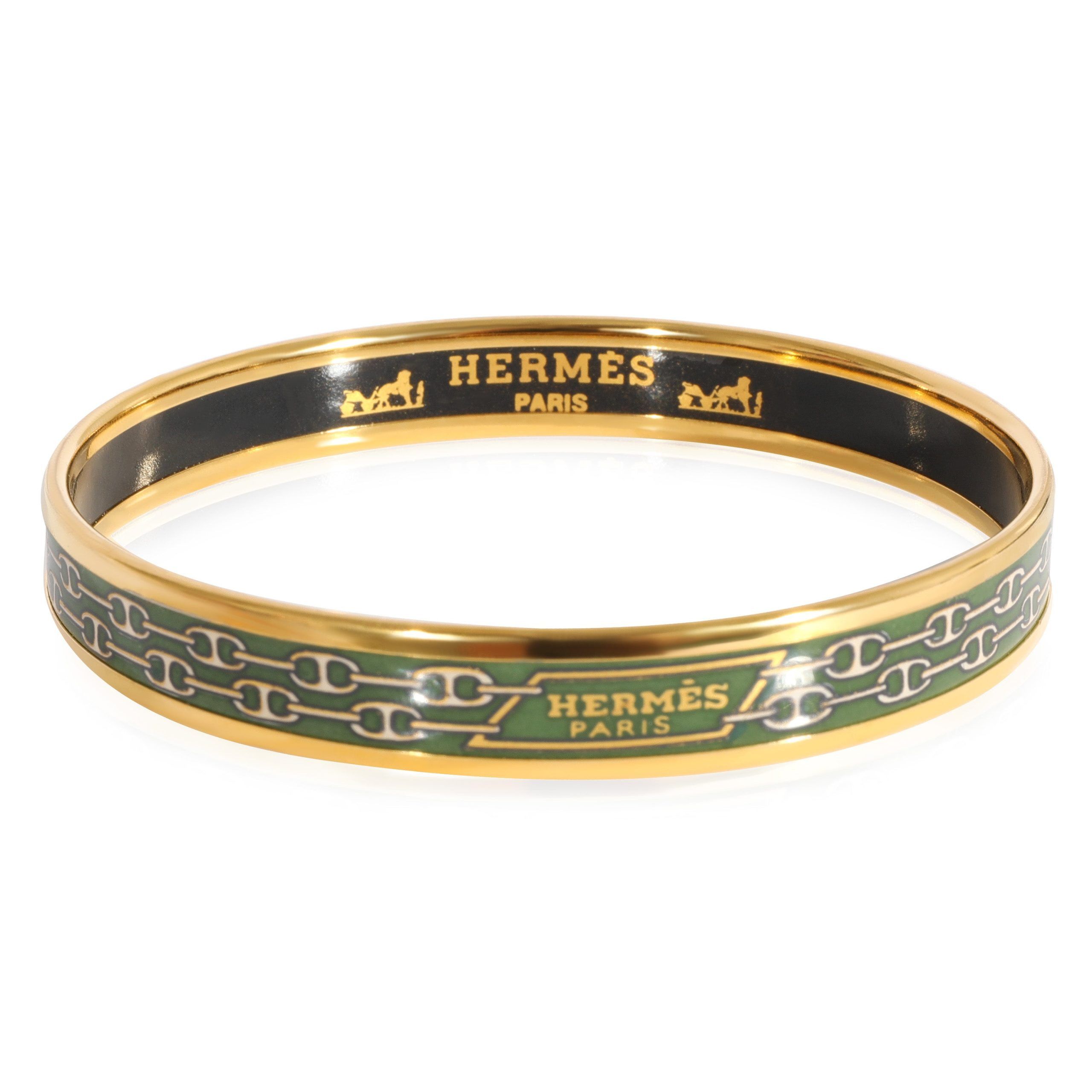 image of Hermes Plated Enamel Narrow Green Double Chaine D' Ancre Link Design Bracelet in Yellow, Women's