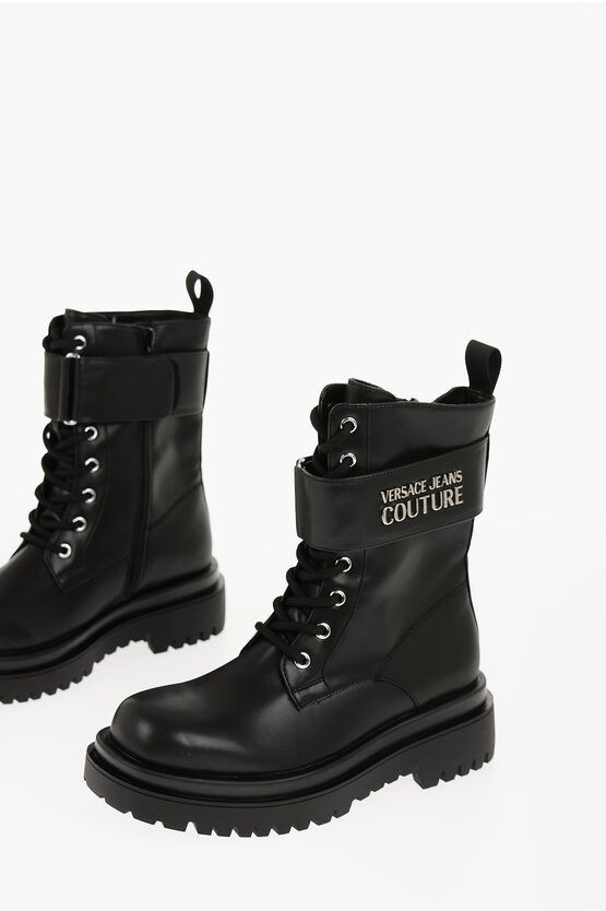 image of Versace Jeans Couture Faux Leather Drew Combat Boots With Metal Logo in Black, Women's (Size 8)