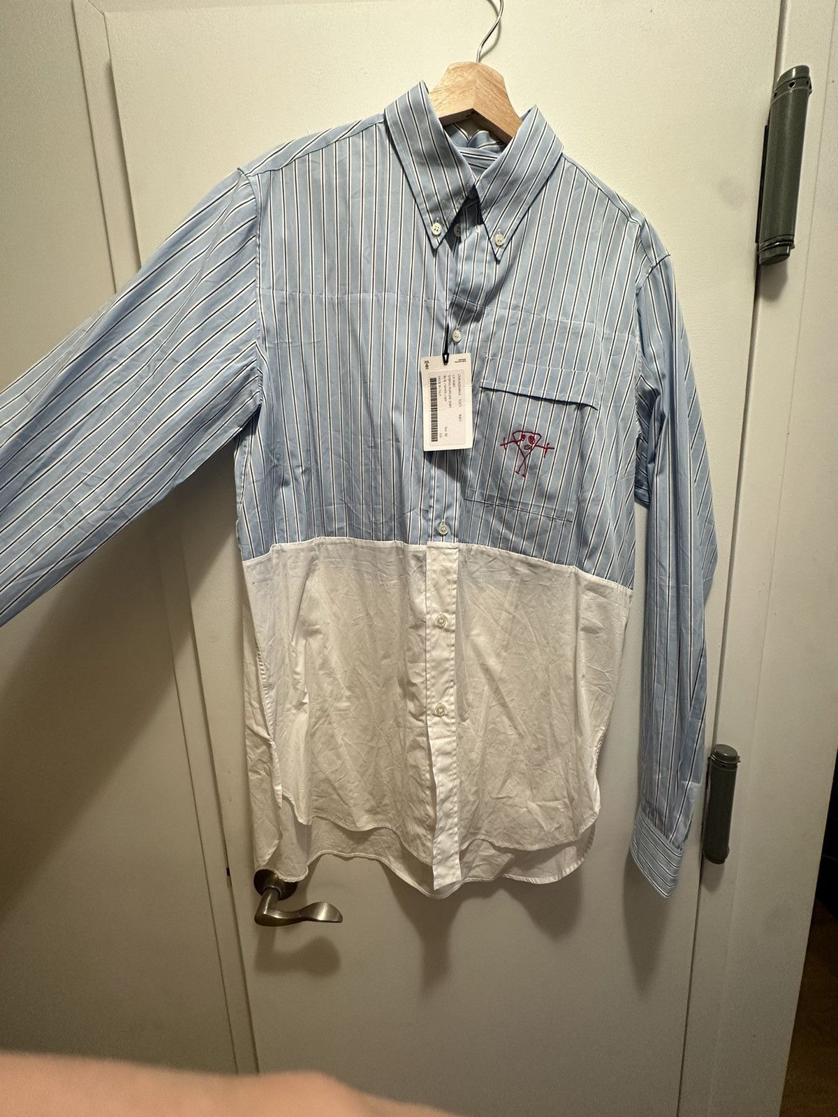 Plan C Colorblocked Robot Embroidery Striped Shirt