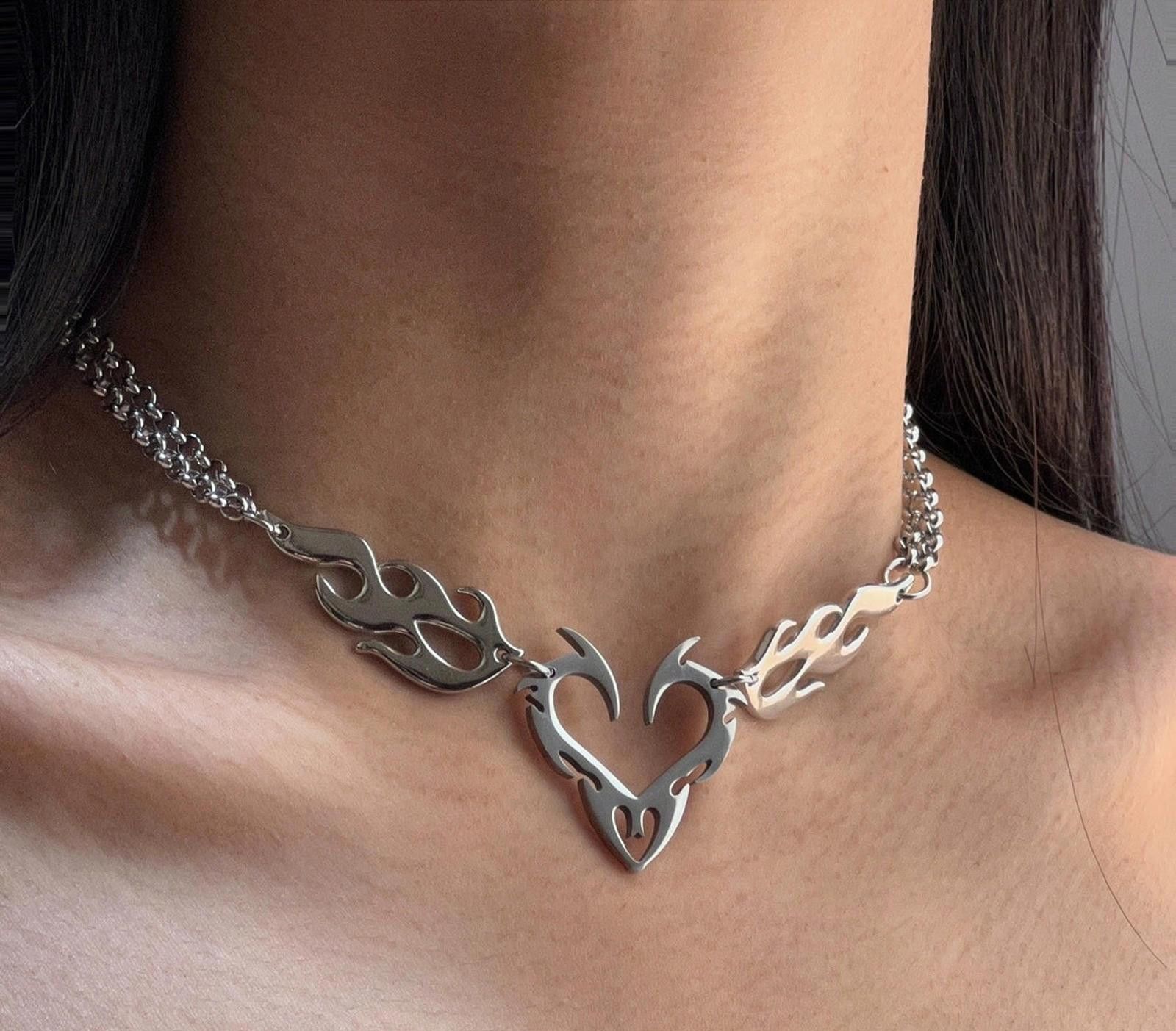 Jewelry Silver Flame Heart Choker Necklace, Edgy Chain Jewelry Size ONE SIZE - 1 Thumbnail