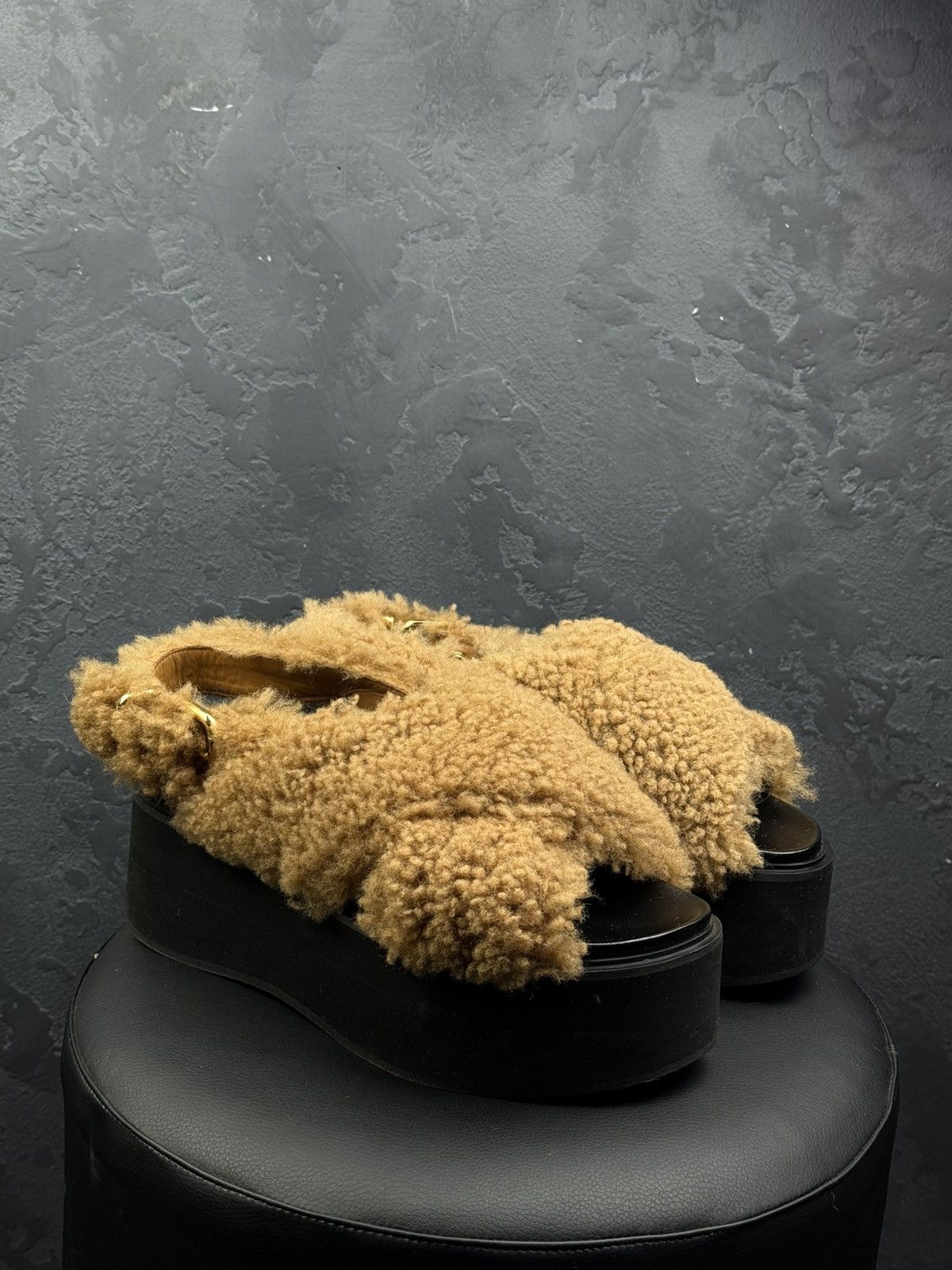 Marni Marni Beige Shearling Fussbett Shoes Black Rubber Platform Size US 10 / IT 40 - 7 Thumbnail
