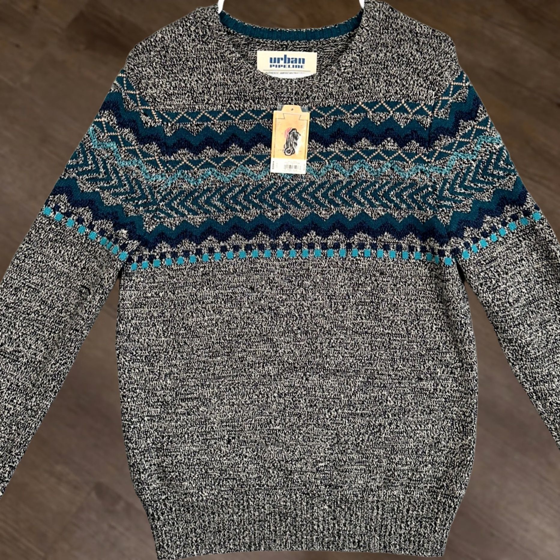 Vintage Urban Pipeline Sweater Mens M Grey Teal Crewneck Fair Isle Pullover Size US M / EU 48-50 / 2 - 1 Thumbnail