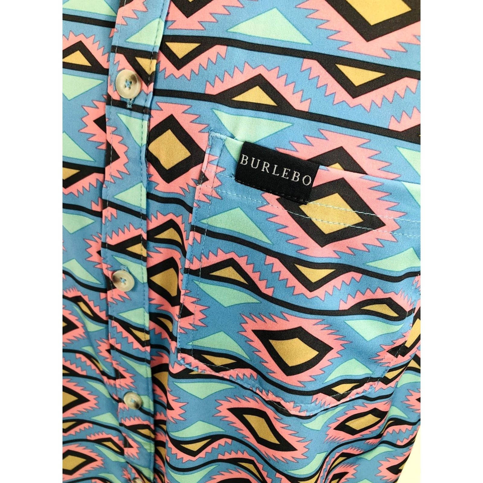 Vintage Burlebo Shirt Mens M Aztec Southwest Button-Up Short Sleeve Blue Pink Tan Brown Green Tag New} Size US M / EU 48-50 / 2 - 2 Thumbnail