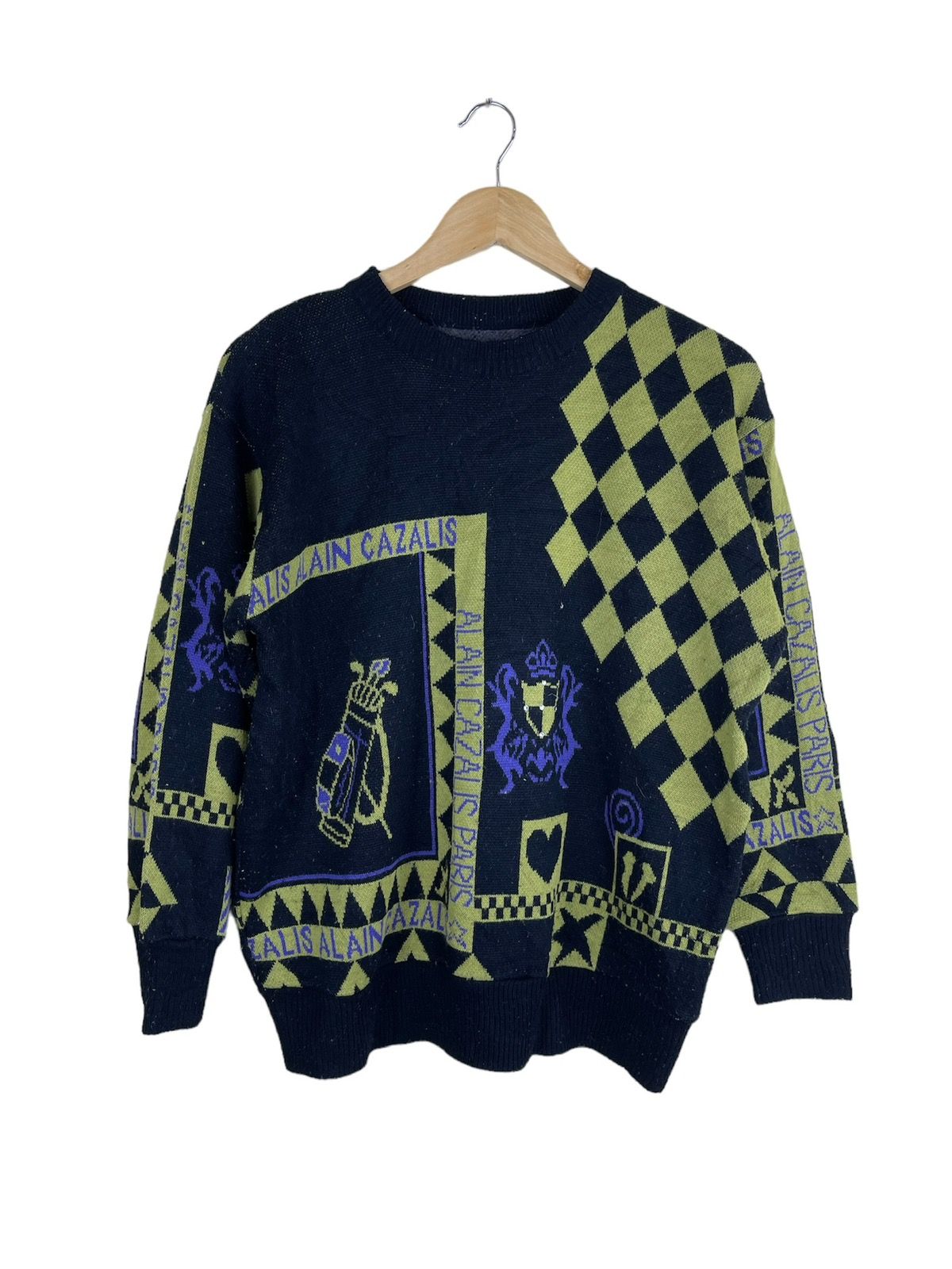 Pre-owned Italian Designers Vintage Alain Cazalis Paris Full Printed Knit Sweatshirt In Black