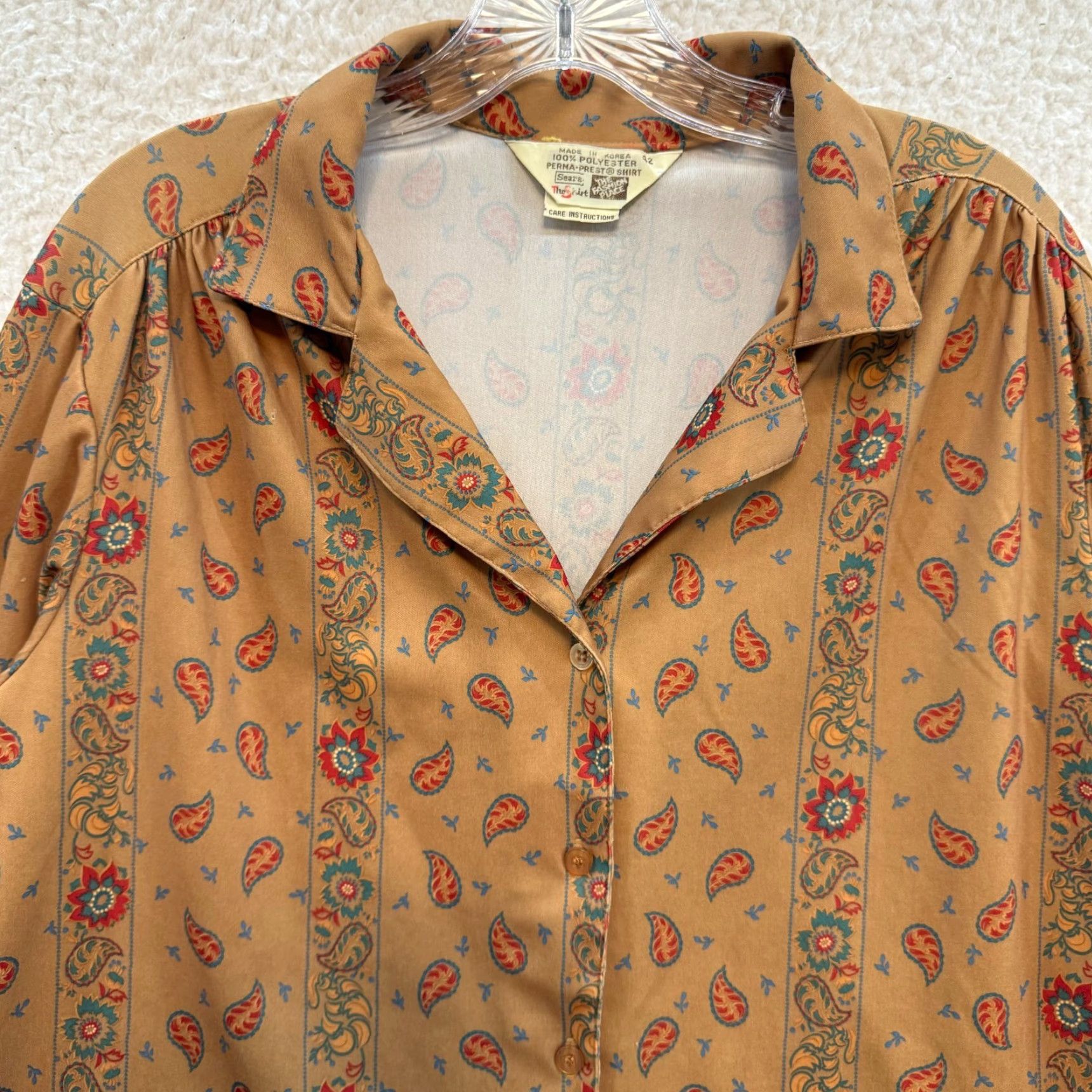 Sears VINTAGE Sears Top Button Blouse Shirt 42 XL Tan Paisley Retro Boho Western Mens? Size XL / US 12-14 / IT 48-50 - 3 Thumbnail