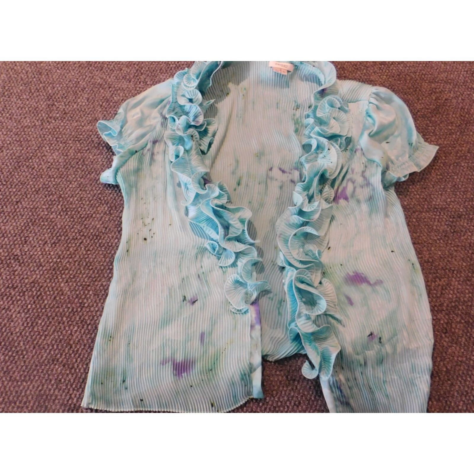 Vintage Dressbarn Blouse 2X Plus Blue Open Cardigan Top Short Sleeve Crew Neck Pullover Casual Polyester Rayon Geometric Ruffle Basic Womens 2X+ Size XXL / US 16-18 / IT 52-54 - 3 Thumbnail