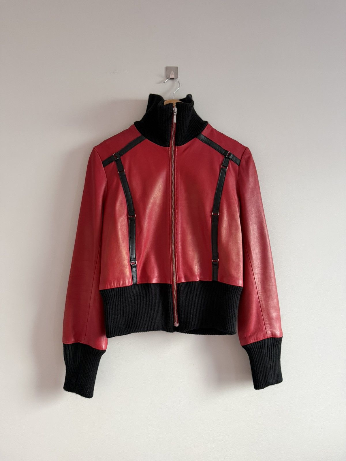 Japanese Brand Red Leather Jacket High Neck Pearl Sheen Strap Detail Size S / US 4 / IT 40 - 2 Thumbnail