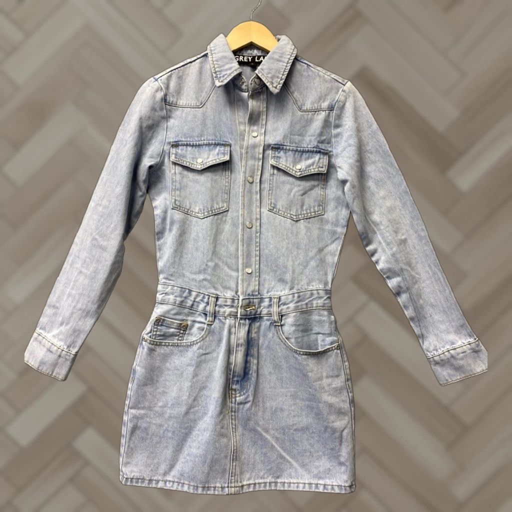 Vintage VINTAGE Grey Lab Mini Dress XS Blue Cotton Knit Long Sleeve Tie-Waist Snap Button Classic Womens Size XS / US 0-2 / IT 36-38 - 1 Thumbnail
