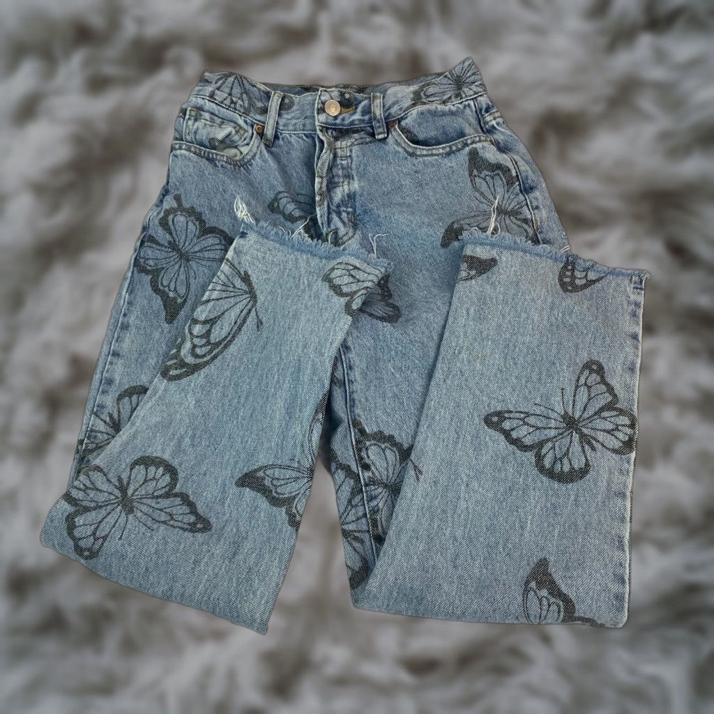 Pacsun PacSun Womens High Rise Straight Jeans Size 25 Blue Butterfly Print Ankle Raw Hem PacSun Jeans 5-Pocket Design Bagged Hem Mens Womens Size 42" / US 20 - 1 Thumbnail