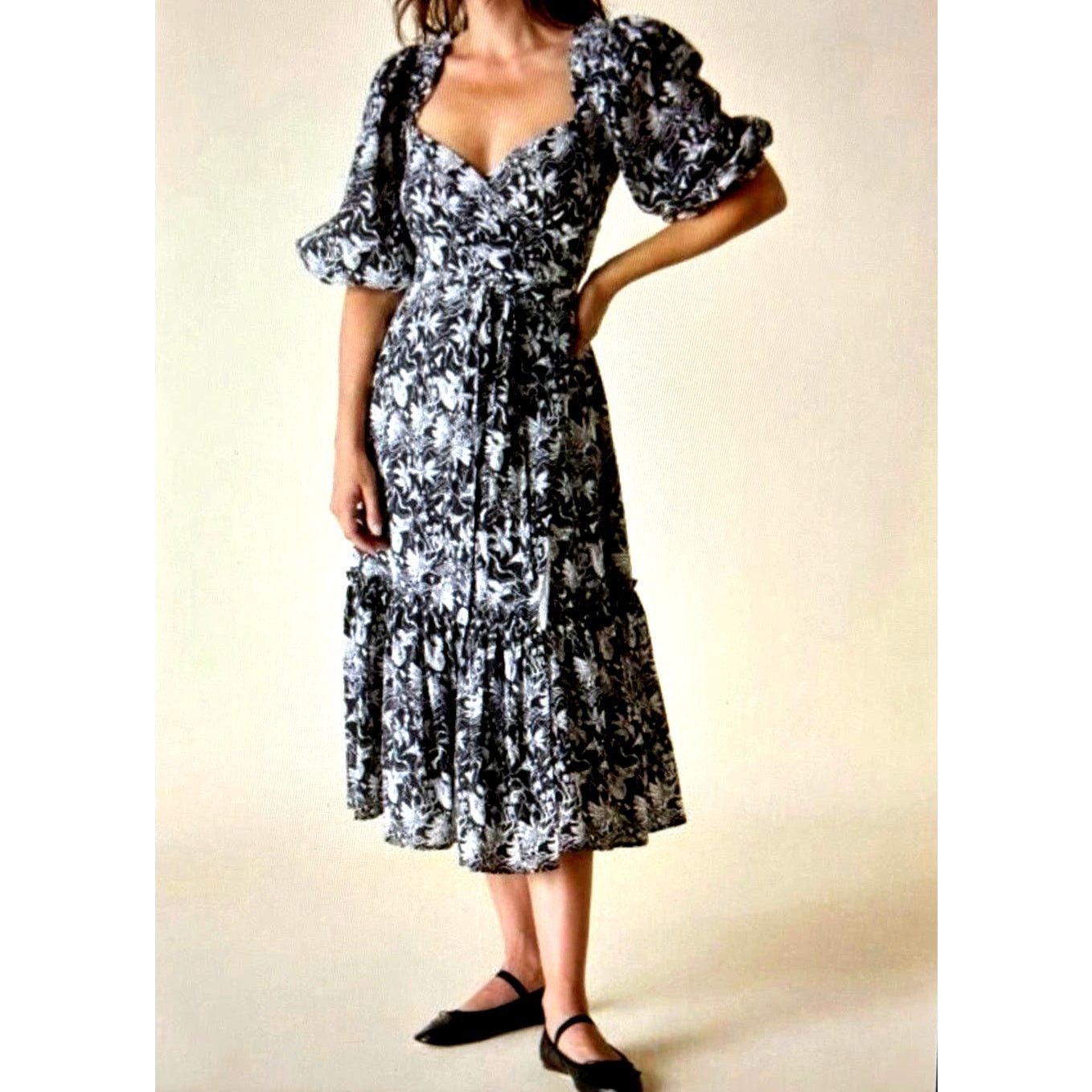 Other St Roche Romaine Midi Wrap Dress Black White Florals size 0 Size XS / US 0-2 / IT 36-38 - 2 Thumbnail