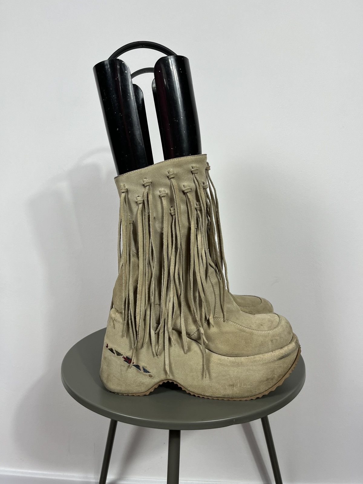 Vintage Beige Suede Fringe Platform Boots with Dangling Details Zip Size US 10 / IT 40 - 2 Thumbnail