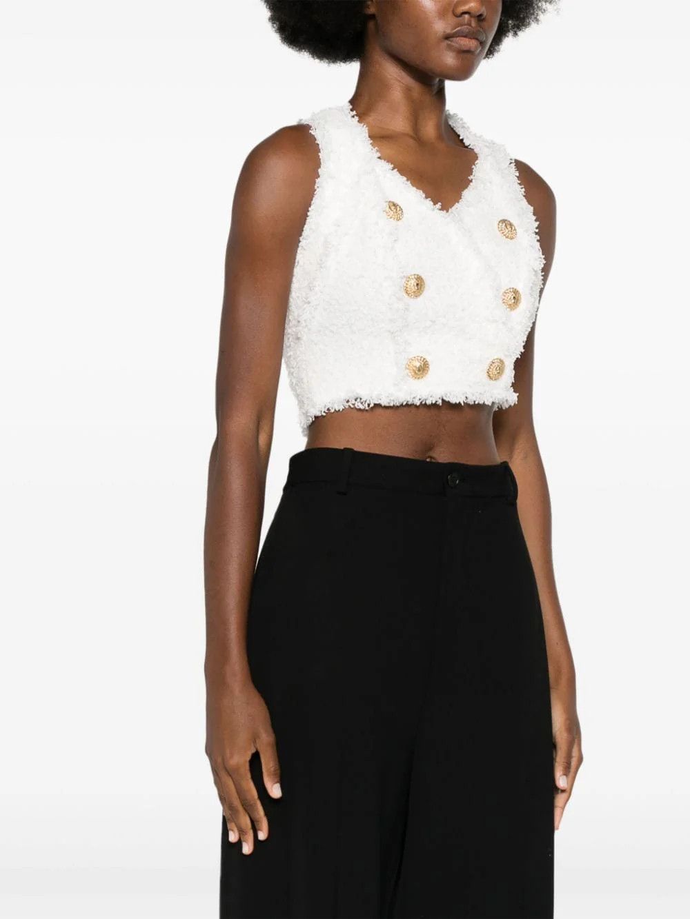 Balmain o1s1wg110725 Tweed Sleeveless Cropped Top in White Size M / US 6-8 / IT 42-44 - 3 Thumbnail