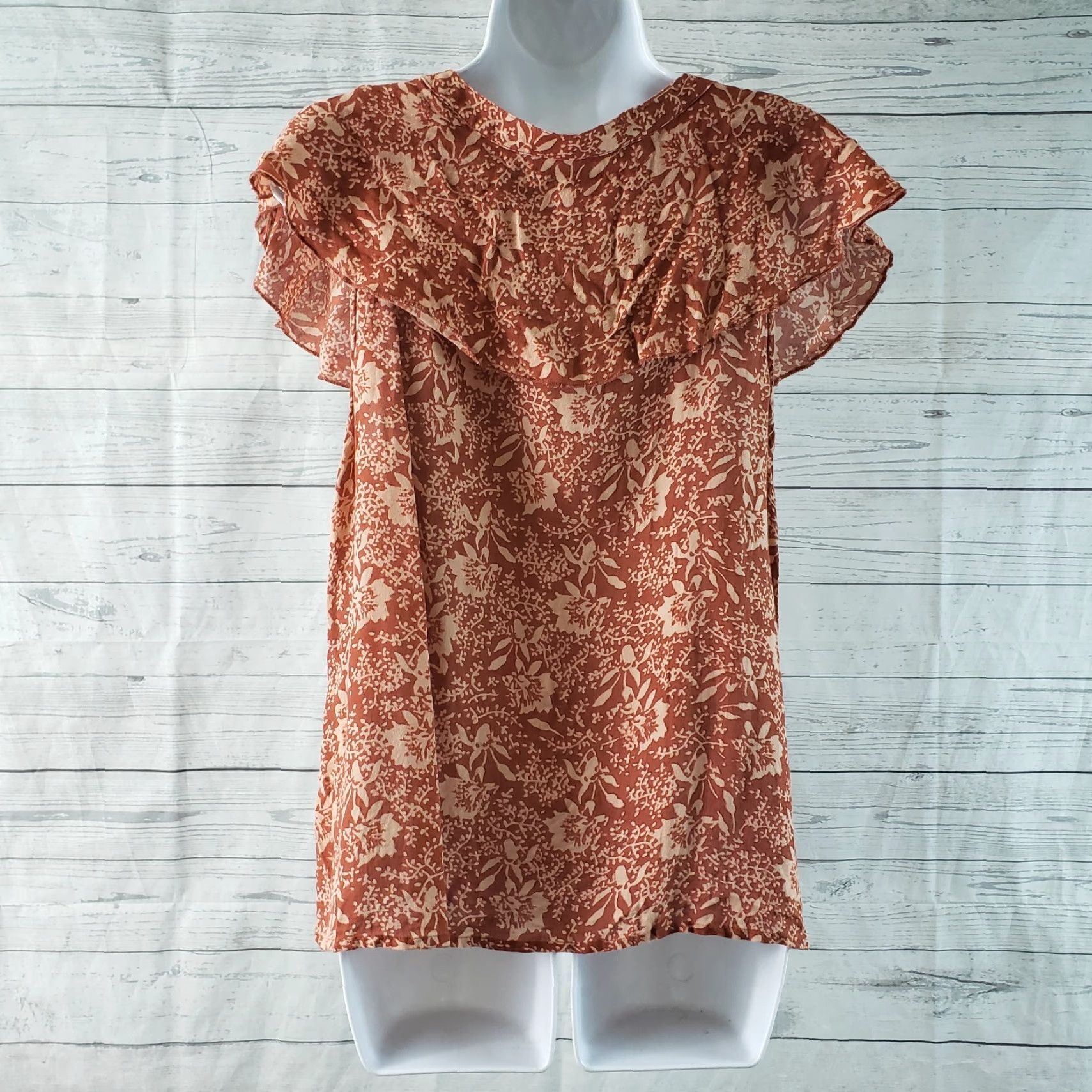 Vintage Amuse Society Blouse Shirt Womens Solana Top L Rust Red Lace Up Front Ruffle Floral Short Sleeve Vintage No Size L / US 10 / IT 46 - 4 Thumbnail