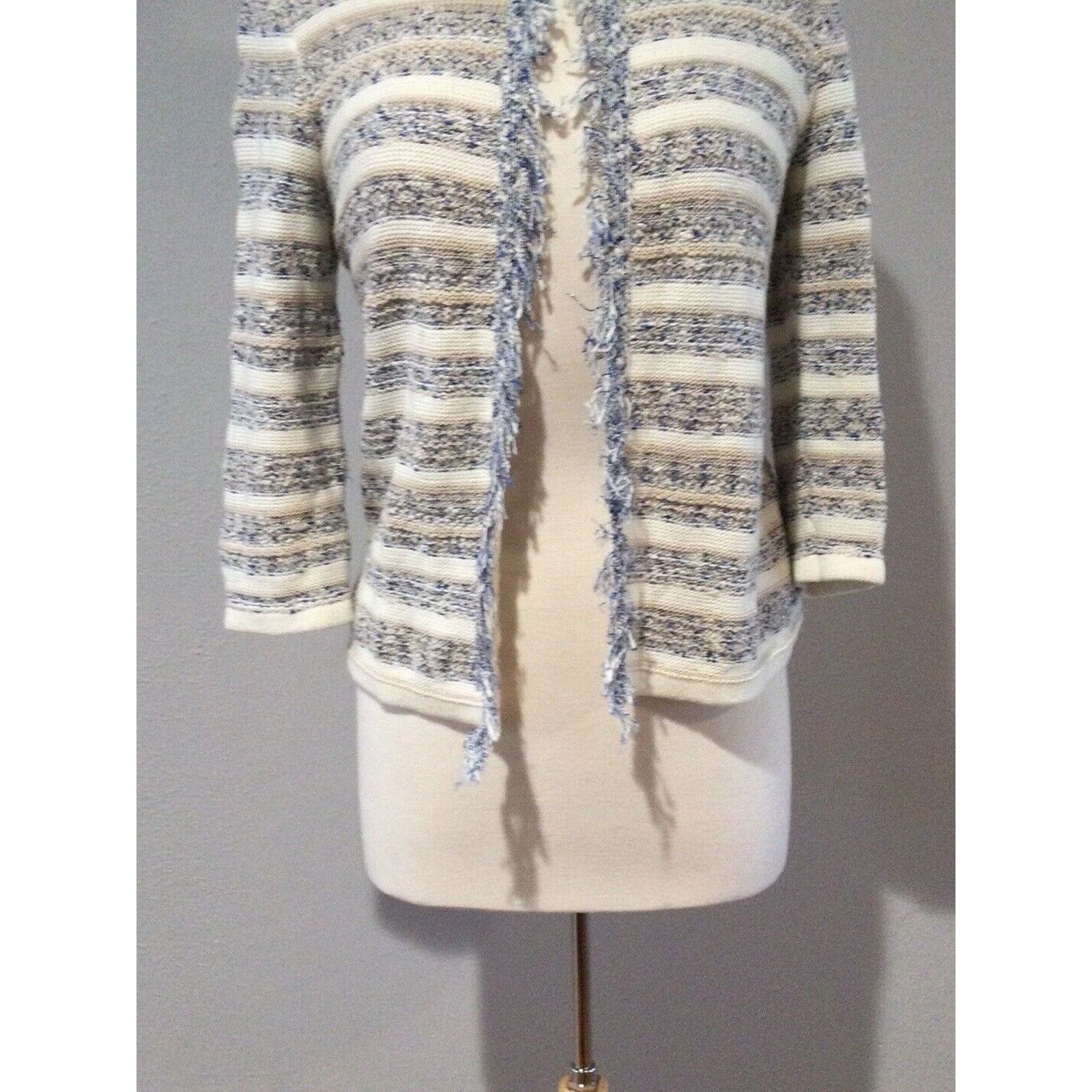 Chicos Chico's Fringe Tan Blue & White Knit Cardigan Size 0/S/4 Size S / US 4 / IT 40 - 4 Thumbnail