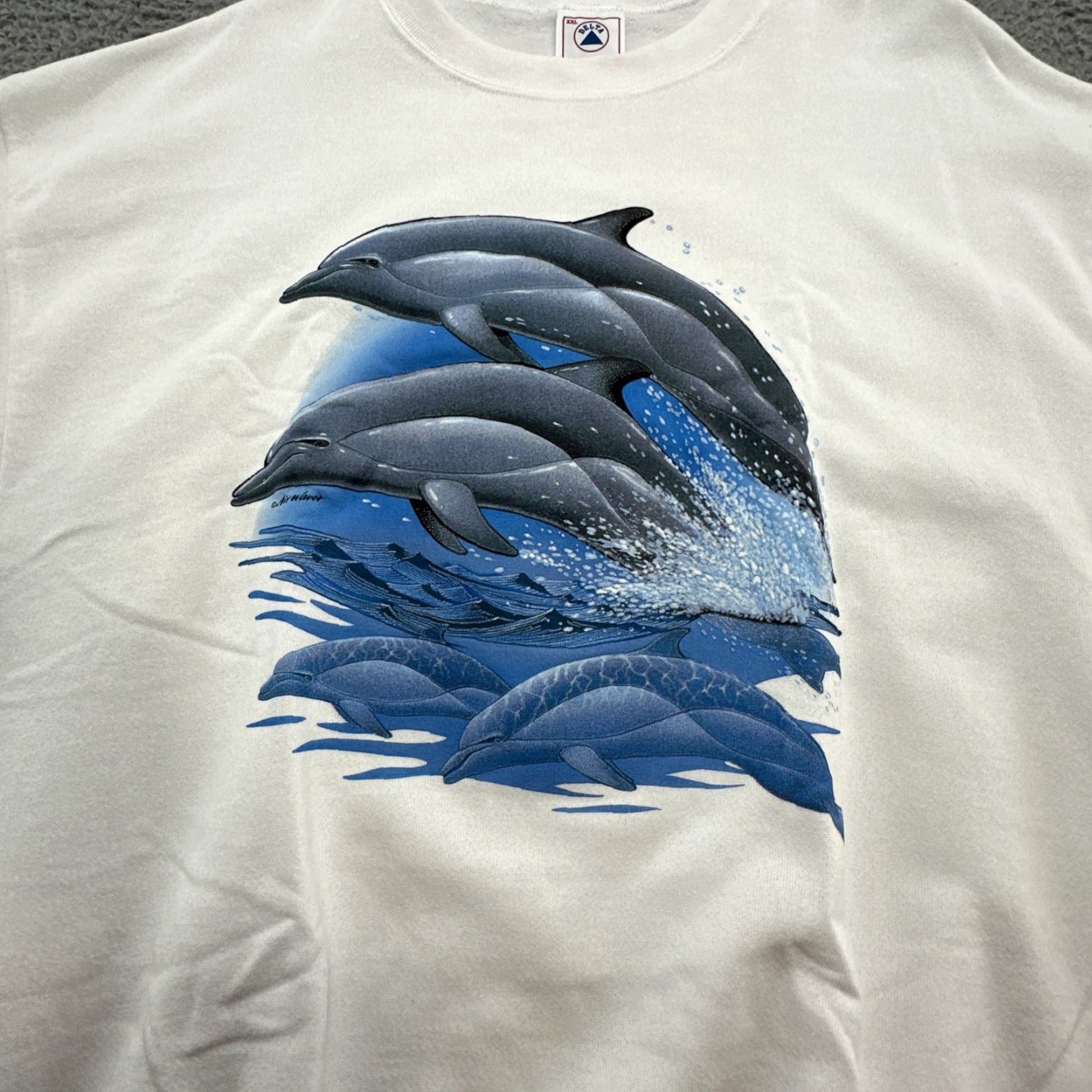 Delta VINTAGE 90s Dolphins Waves Airwaves Sweatshirt Men 2XL White Pullover Size US XXL / EU 58 / 5 - 2 Thumbnail