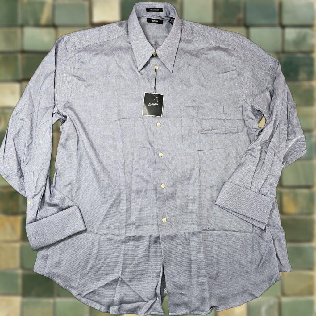 Alfani Alfani Dress Shirt Mens L 17 34/35 Blue Check Silk Cotton Long Sleeve Barrel Cuff Neck 17-34/35 Shirt Mens Regular Size 42R - 1 Thumbnail